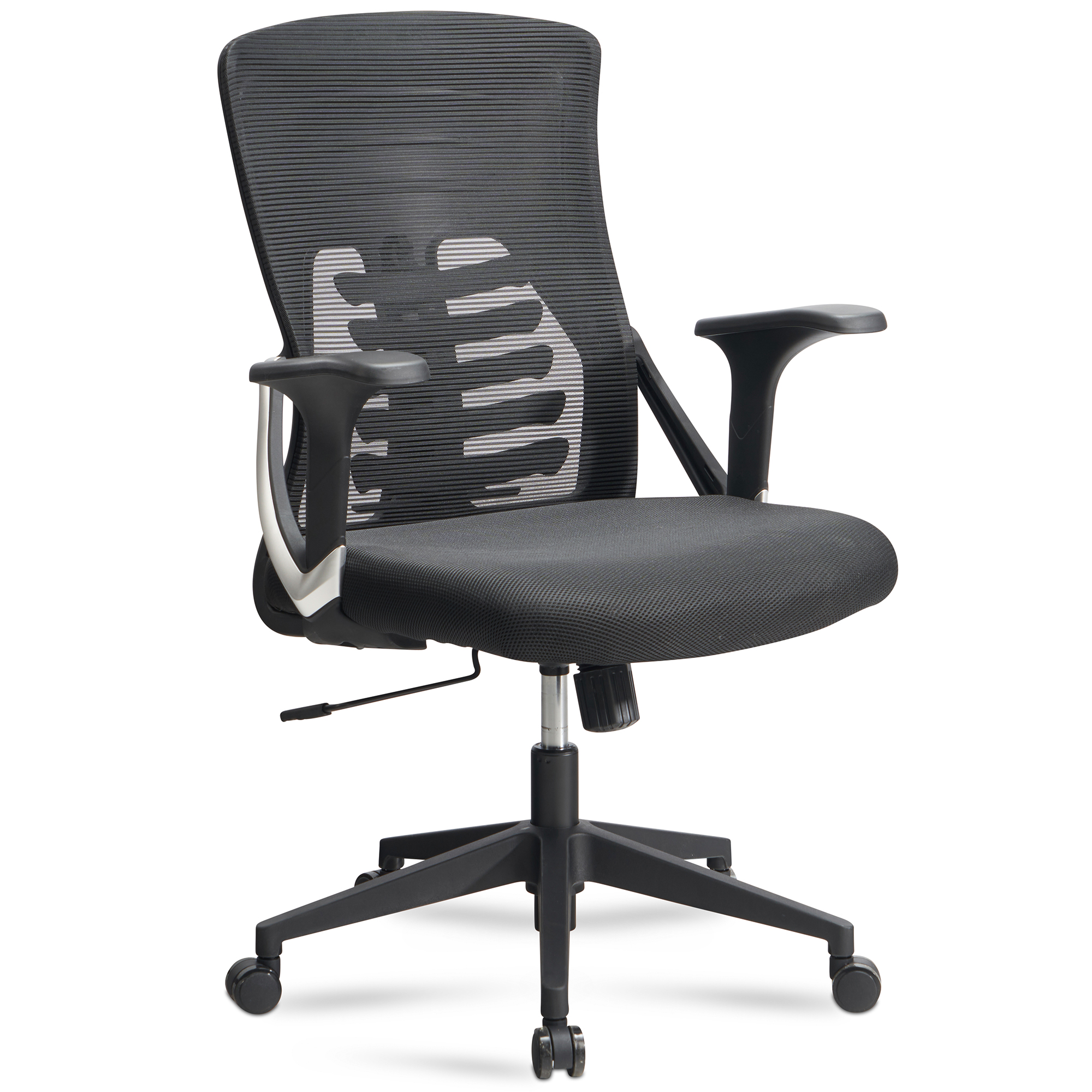 FineBuy Bürostuhl Mesh-Bezug Schreibtischstuhl bis 120 kg, Drehstuhl höhenverstellbar mit Lendenwirbelstütze, Stoff-Schreibtischsessel ergonomisch mit Armlehnen & Wippfunktion