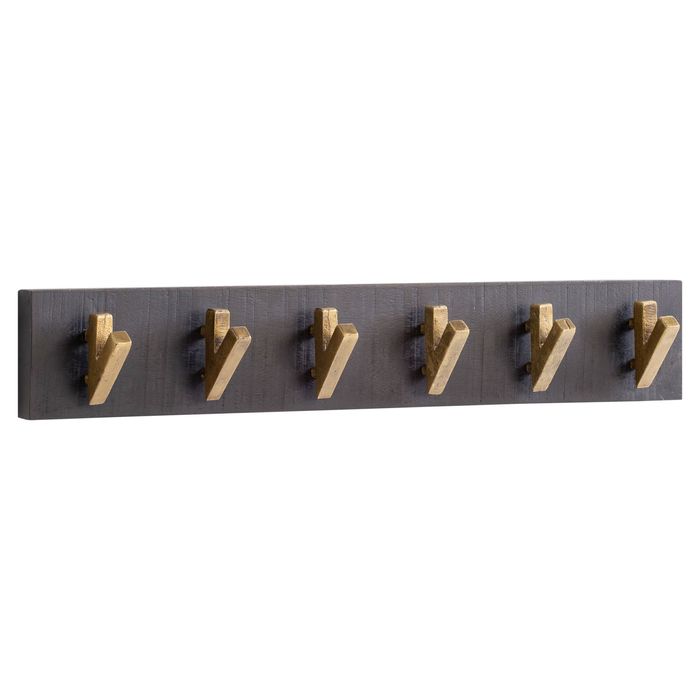 FineBuy Wandgarderobe Mango Massivholz / Metall 60 x 10 x 8 cm Schwarz Gold, Hakenleiste für Jacken, Schals und Mützen, Flurgarderobe Wand, Garderobe Holz 4251757719400