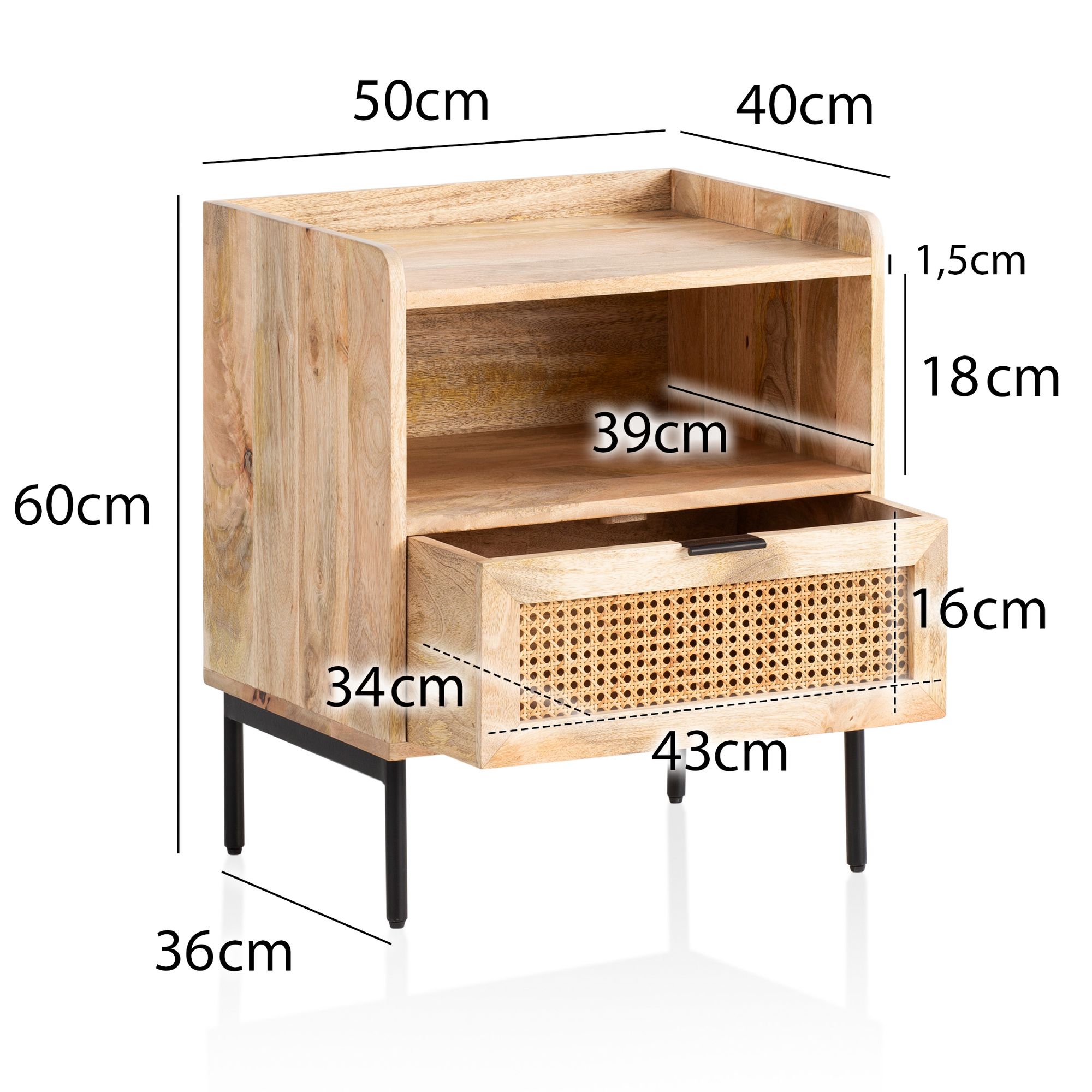 Nachtkonsole Massivholz Rattan Nachttisch Schublade Ablage Nachtkästchen BOHO – Ansicht 3