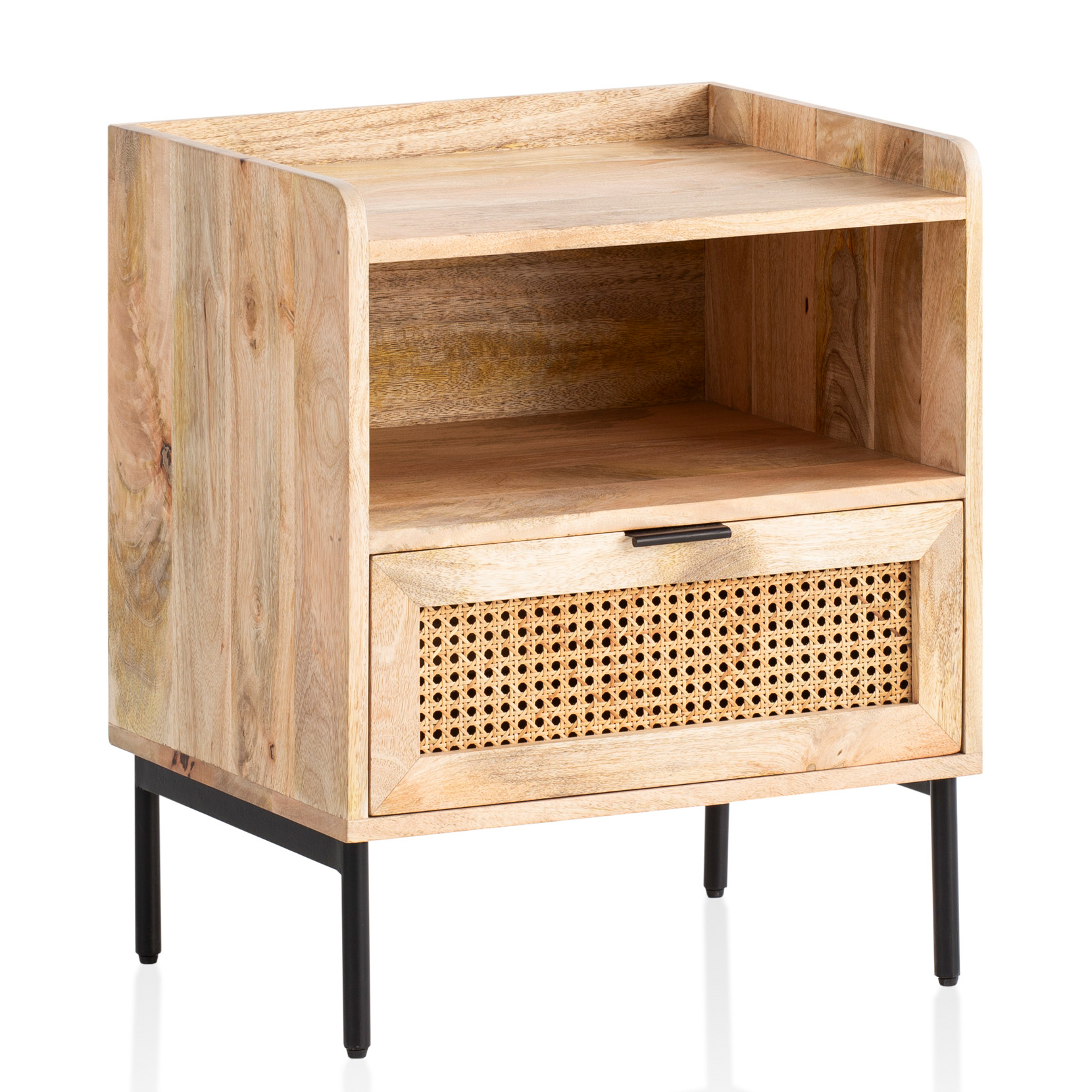 Nachtkonsole Massivholz Rattan Nachttisch Schublade Ablage Nachtkästchen BOHO – Ansicht 6