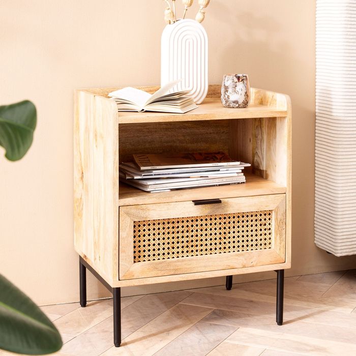 Nachtkonsole Massivholz Rattan Nachttisch Schublade Ablage Nachtkästchen BOHO