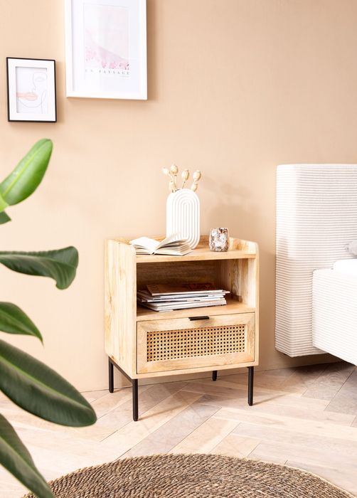 FineBuy Nachtkonsole Mango Massivholz / Rattan 50x60x40 cm Nachttisch Braun, Nachtkommode Boxspringbett mit Schublade Wiener Geflecht, Nachtkästchen mit Stauraum & Metallgestell