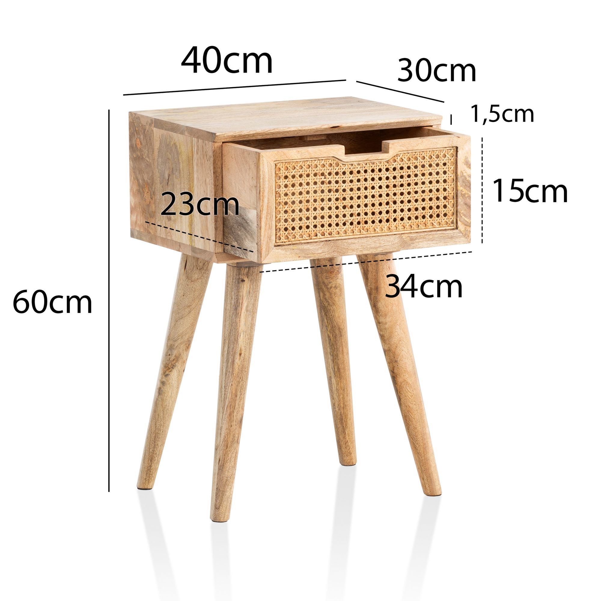 Nachtkonsole Massivholz Rattan & Schublade Nachttisch Boho Design Nachtkästchen – Ansicht 3