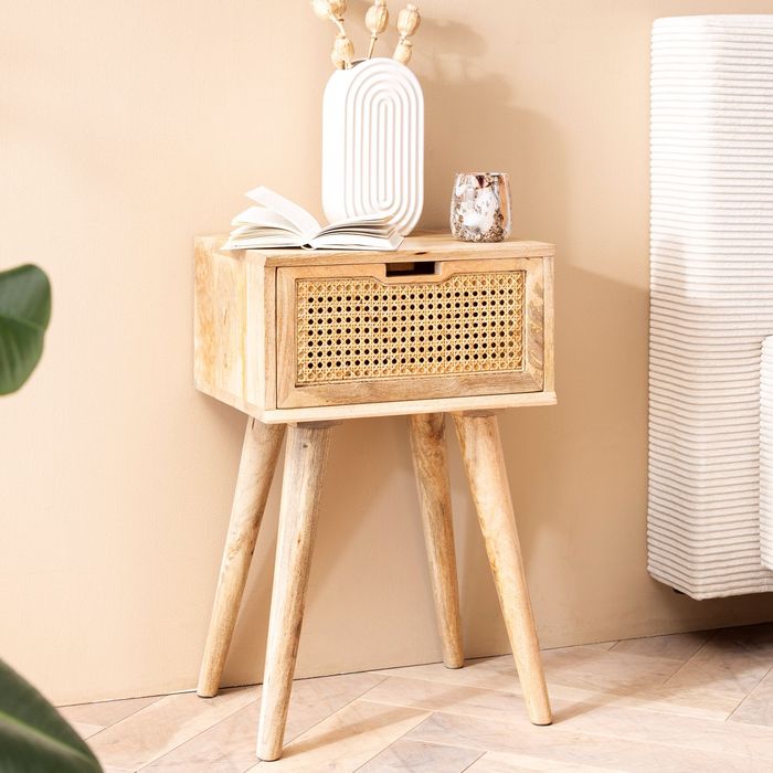 FineBuy Nachtkonsole Mango Massivholz / Rattan 40x60x30 cm Nachttisch Braun, Nachtkommode Boxspringbett mit Schublade Wiener Geflecht, Nachtkästchen mit Stauraum
