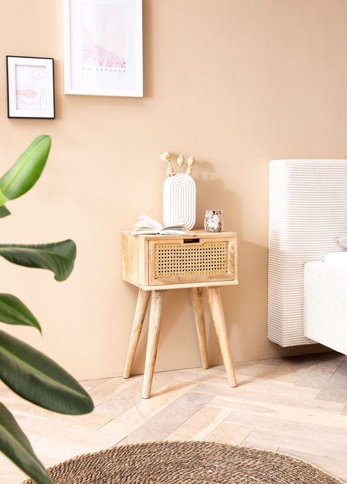FineBuy Nachtkonsole Mango Massivholz / Rattan 40x60x30 cm Nachttisch Braun, Nachtkommode Boxspringbett mit Schublade Wiener Geflecht, Nachtkästchen mit Stauraum