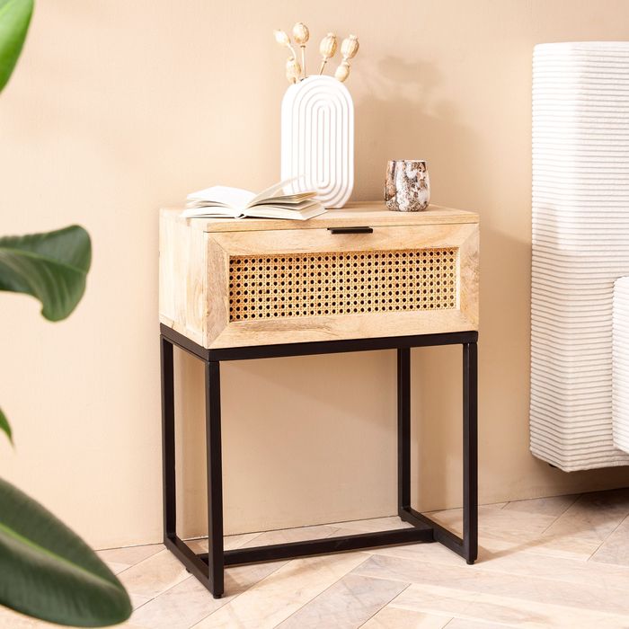 FineBuy Nachtkonsole Mango Massivholz / Rattan 50x60x30 cm Nachttisch Braun, Nachtkommode Boxspringbett mit Schublade Wiener Geflecht, Nachtkästchen mit Stauraum & Metallgestell 4251757719431