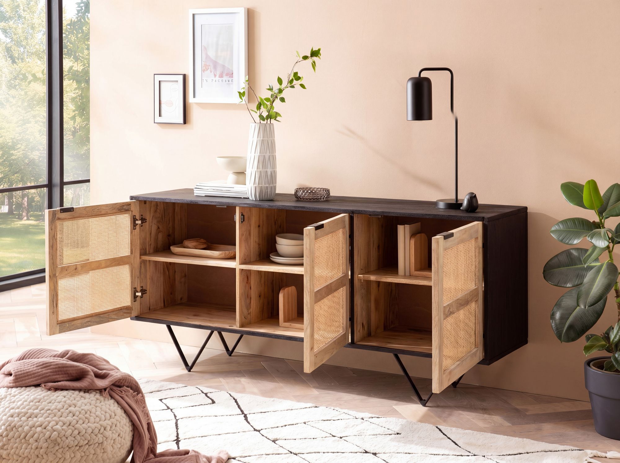 Massivholz Sideboard 175cm Mango Design Kommode mit 3 Rattan Wiener Geflecht Türen Schwarz – Ansicht 2