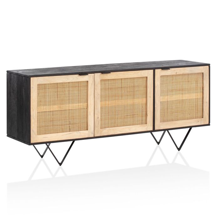 FineBuy Sideboard 175x75x45 cm Mango Massivholz / Rattan Kommode mit 3 Türen, Hoher Kommodenschrank Schwarz / Braun, Standschrank Wohnzimmer, Anrichte Rohrgeflecht 4251757719479