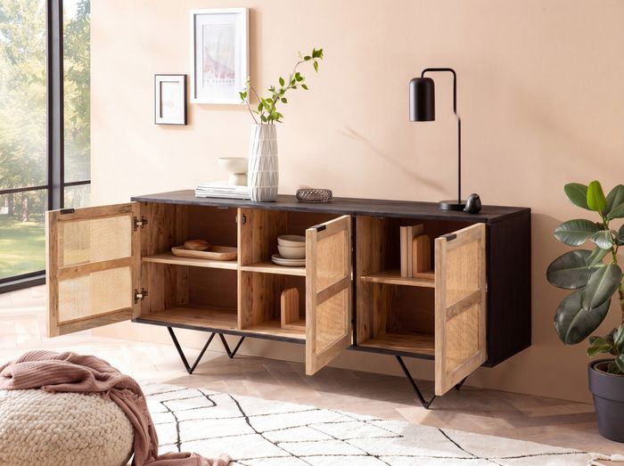 FineBuy Sideboard 175x75x45 cm Mango Massivholz / Rattan Kommode mit 3 Türen, Hoher Kommodenschrank Schwarz / Braun, Standschrank Wohnzimmer, Anrichte Rohrgeflecht 4251757719479