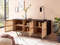 Massivholz Sideboard 175cm Mango Design Kommode mit 3 Rattan Wiener Geflecht Türen Schwarz – Ansicht 2