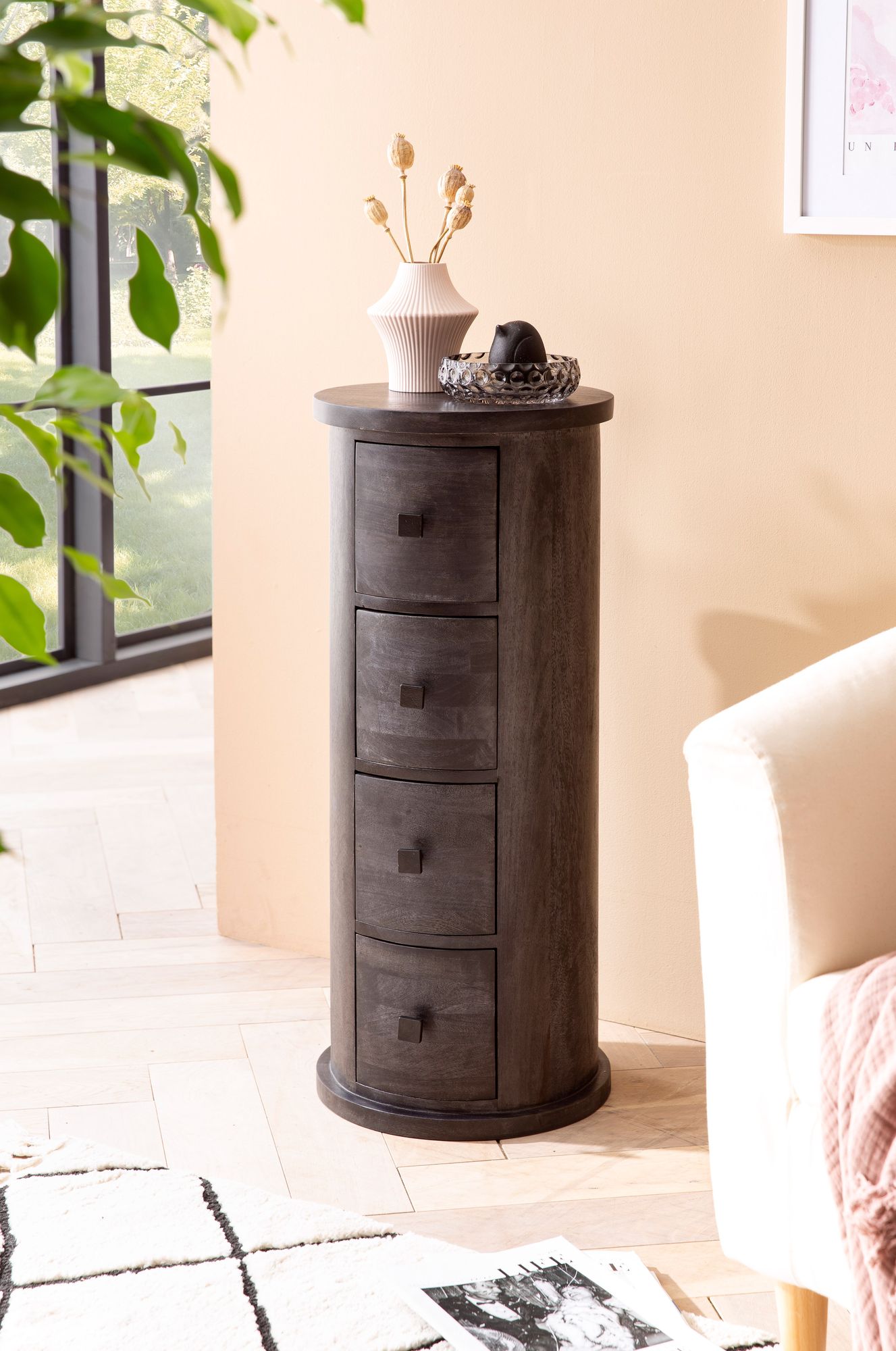 FineBuy Design Sideboard Mango Massivholz Schwarz, Schränkchen mit Schubladen, Schmaler Beistellschrank Massiv, Mini Kommode Rund | Farbe: Schwarz FineBuy Design Sideboard Mango Massivholz Schwarz, Schränkchen mit Schubladen, Schmaler Beistellschrank Massiv, Mini Kommode Rund | Farbe: Schwarz