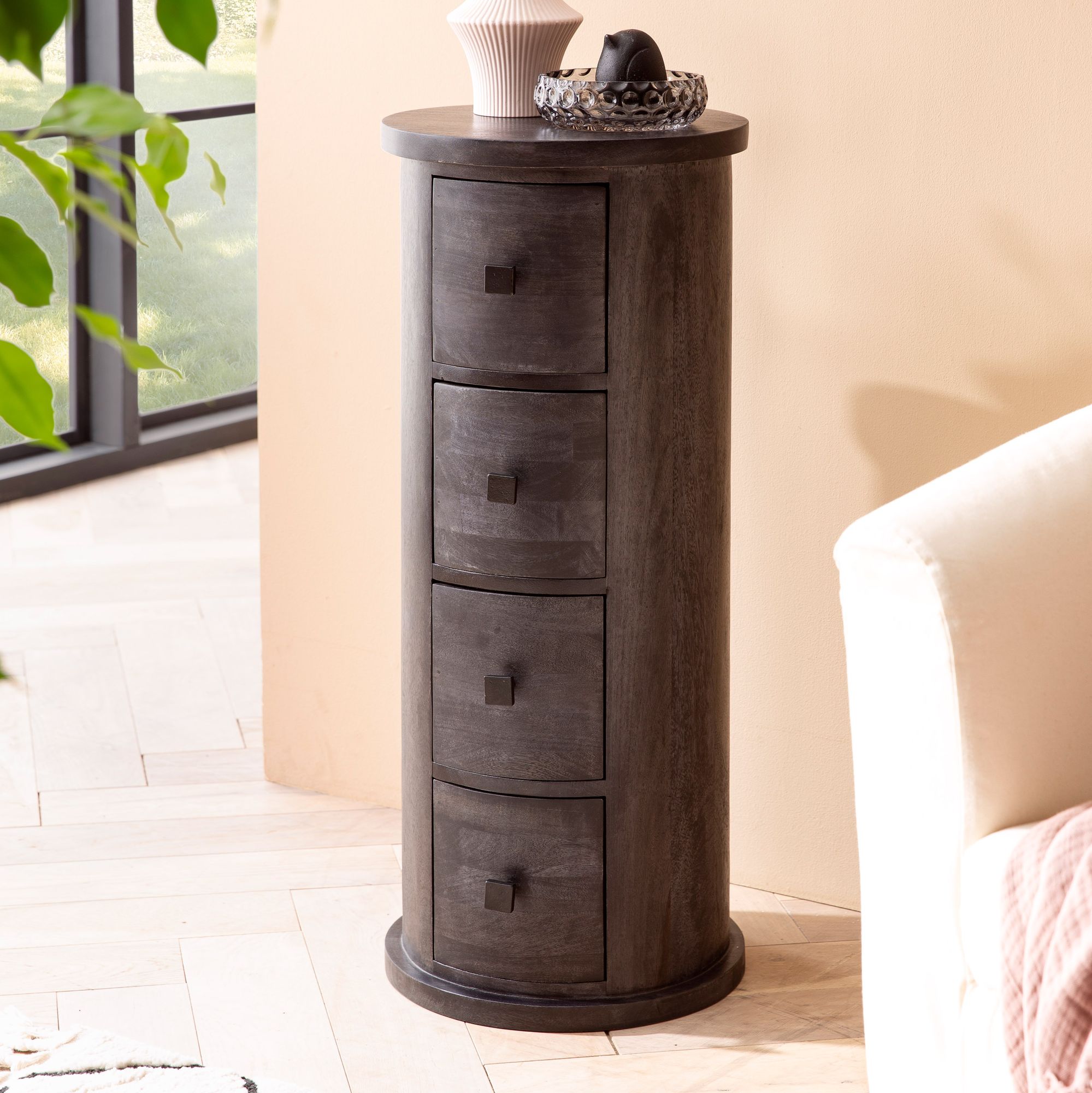 FineBuy Design Sideboard Mango Massivholz Schwarz, Schränkchen mit Schubladen, Schmaler Beistellschrank Massiv, Mini Kommode Rund | Farbe: Schwarz FineBuy Design Sideboard Mango Massivholz Schwarz, Schränkchen mit Schubladen, Schmaler Beistellschrank Massiv, Mini Kommode Rund | Farbe: Schwarz