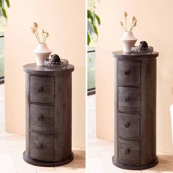 FineBuy Design Sideboard Mango Massivholz Schwarz, Schränkchen mit Schubladen, Schmaler Beistellschrank Massiv, Mini Kommode Rund