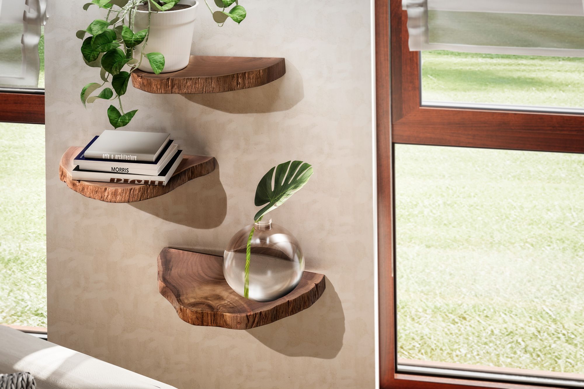 Wandregal FineBuy Pflanzentreppe 3er Set Akazie Vollholz Baumscheibe Wand – Ansicht 2