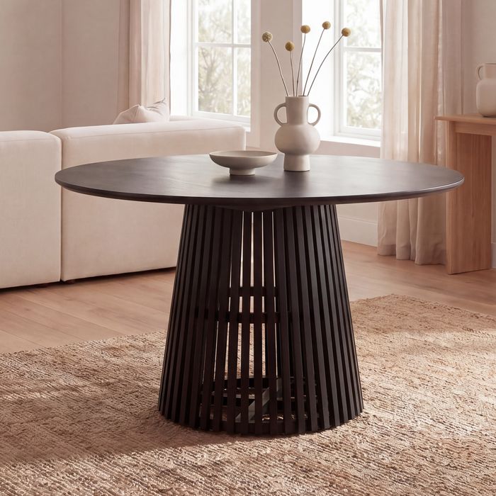 FineBuy Esstisch rund Ø 120 cm Mango Massivholz Schwarz – Moderner Holztisch mit Gittergestell, Design Esszimmertisch 4 Personen, Küchentisch massiv