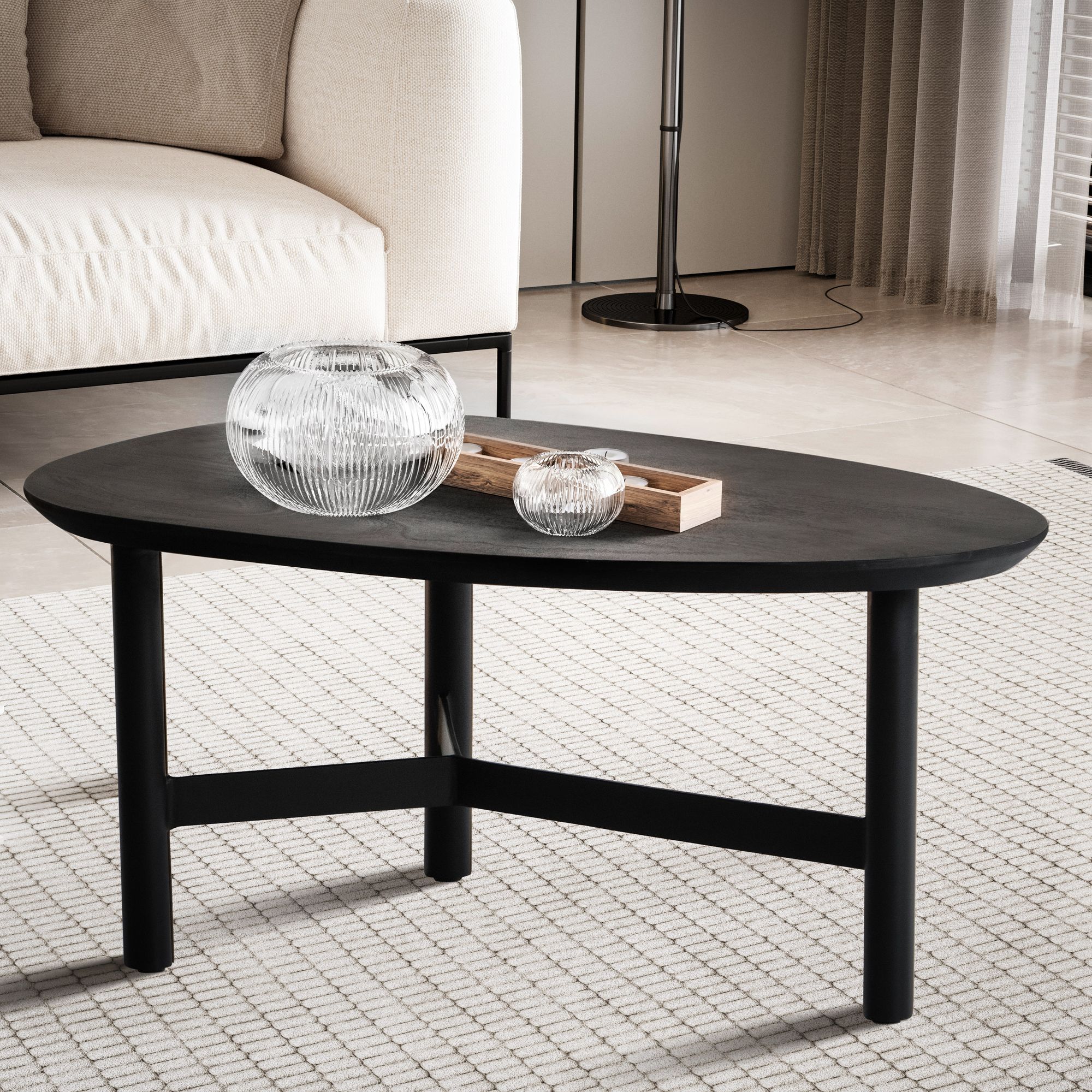 Couchtisch 80cm nierenförmig Massivholz schwarz Wohnzimmertisch Metallgestell – Ansicht 1