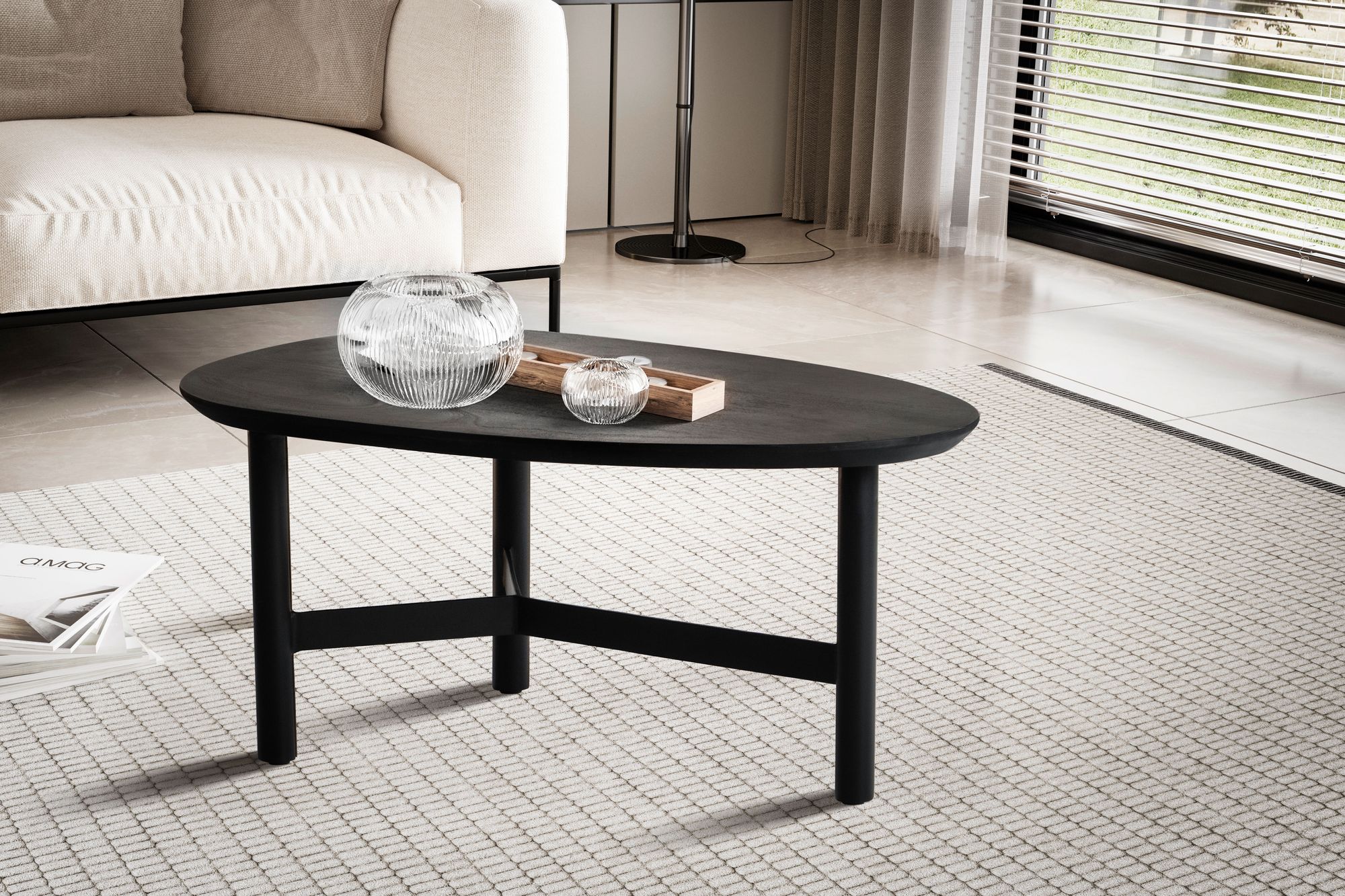 Couchtisch 80cm nierenförmig Massivholz schwarz Wohnzimmertisch Metallgestell – Ansicht 2