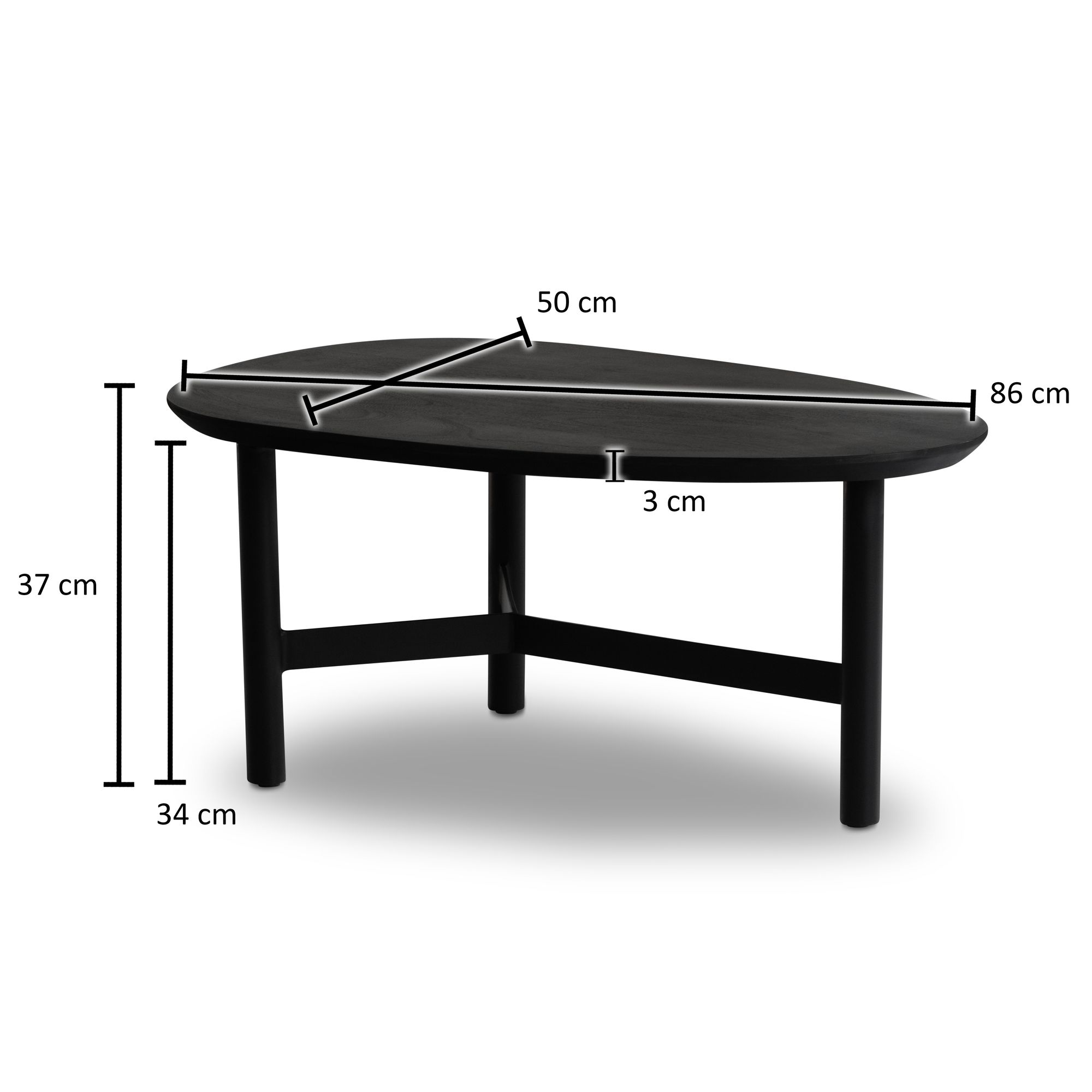 Couchtisch 80cm nierenförmig Massivholz schwarz Wohnzimmertisch Metallgestell – Ansicht 3