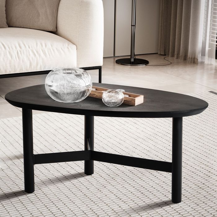 FineBuy Couchtisch 86x50x37 cm Mango Massivholz / Metall Schwarz Sofatisch, Design Wohnzimmertisch Nierenform, Dreibein Kaffeetisch Wohnzimmer Modern 4251757719646