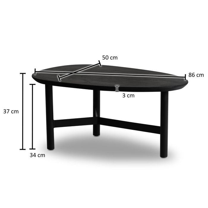 Couchtisch 80cm nierenförmig Massivholz schwarz Wohnzimmertisch Metallgestell – Maßzeichnung