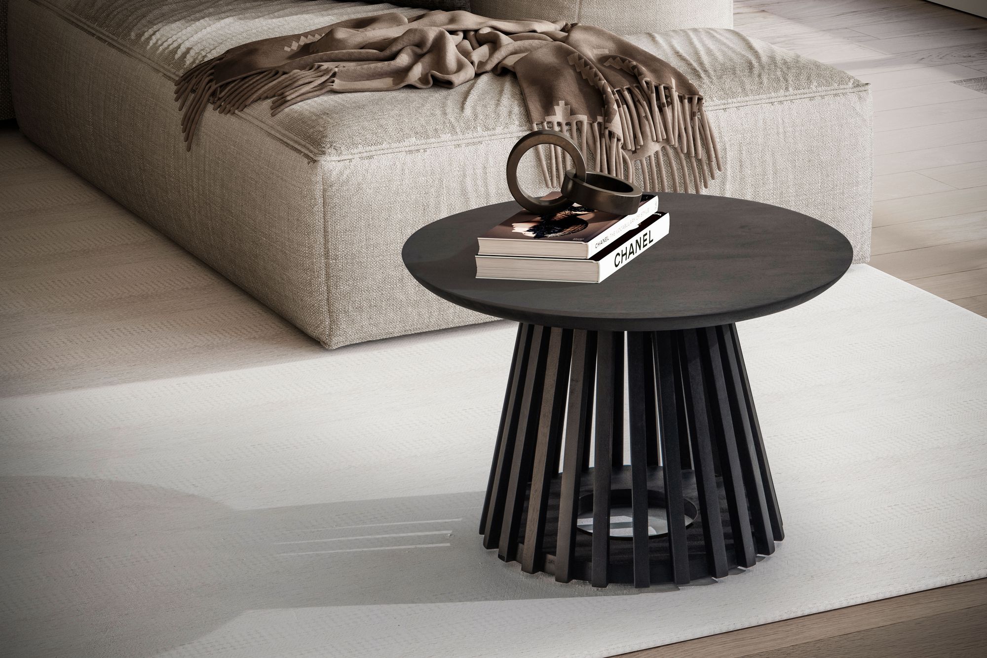 FineBuy Couchtisch Mango Massivholz rund Ø 60 cm Schwarz · Moderner Wohnzimmertisch mit offenem Gittergestell · Handgefertigter Sofatisch im Fächer Japandi Design aus Echtholz | Farbe: Schwarz