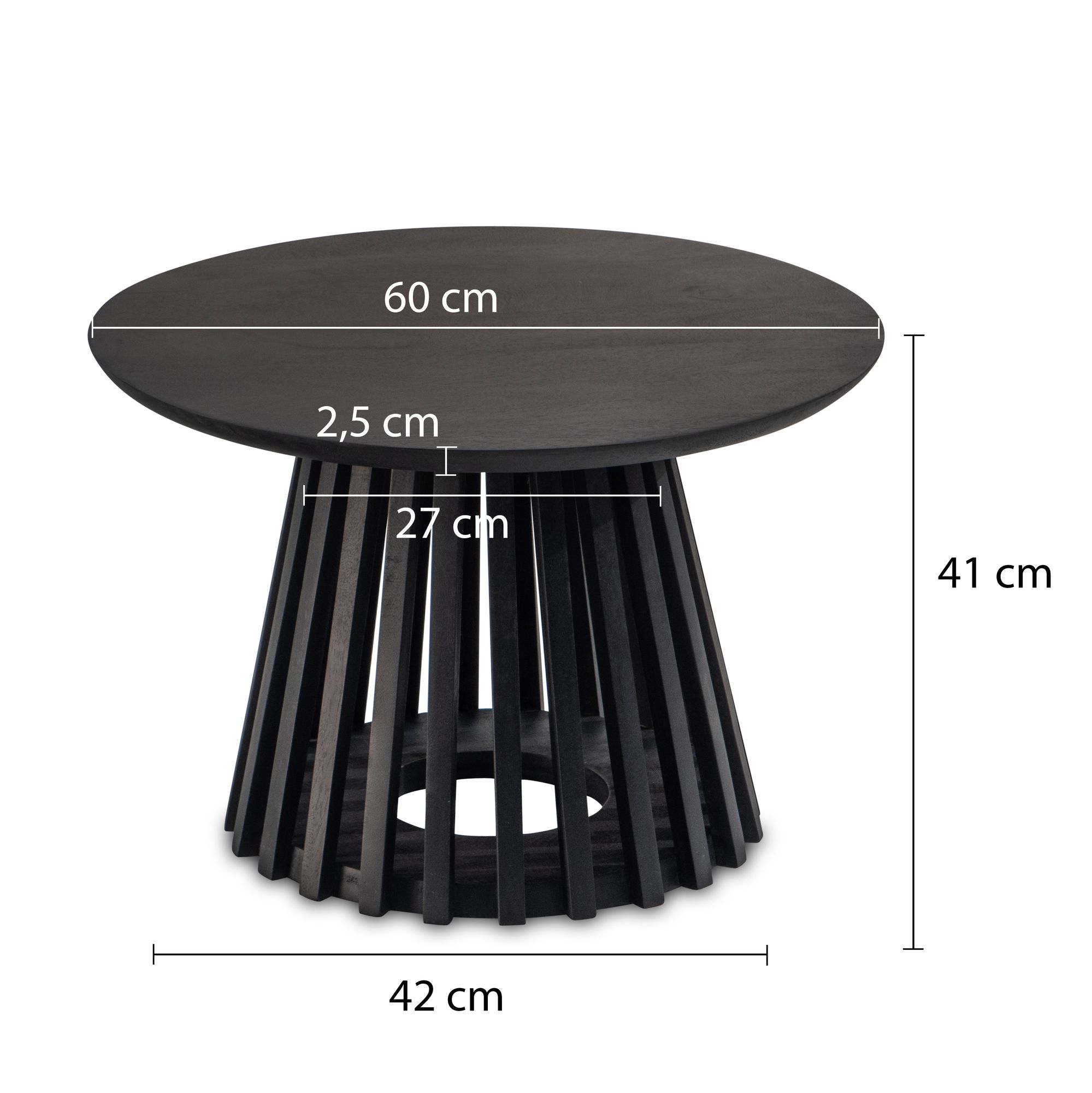 FineBuy Couchtisch Mango Massivholz rund Ø 60 cm Schwarz · Moderner Wohnzimmertisch mit offenem Gittergestell · Handgefertigter Sofatisch im Fächer Japandi Design aus Echtholz | Farbe: Schwarz