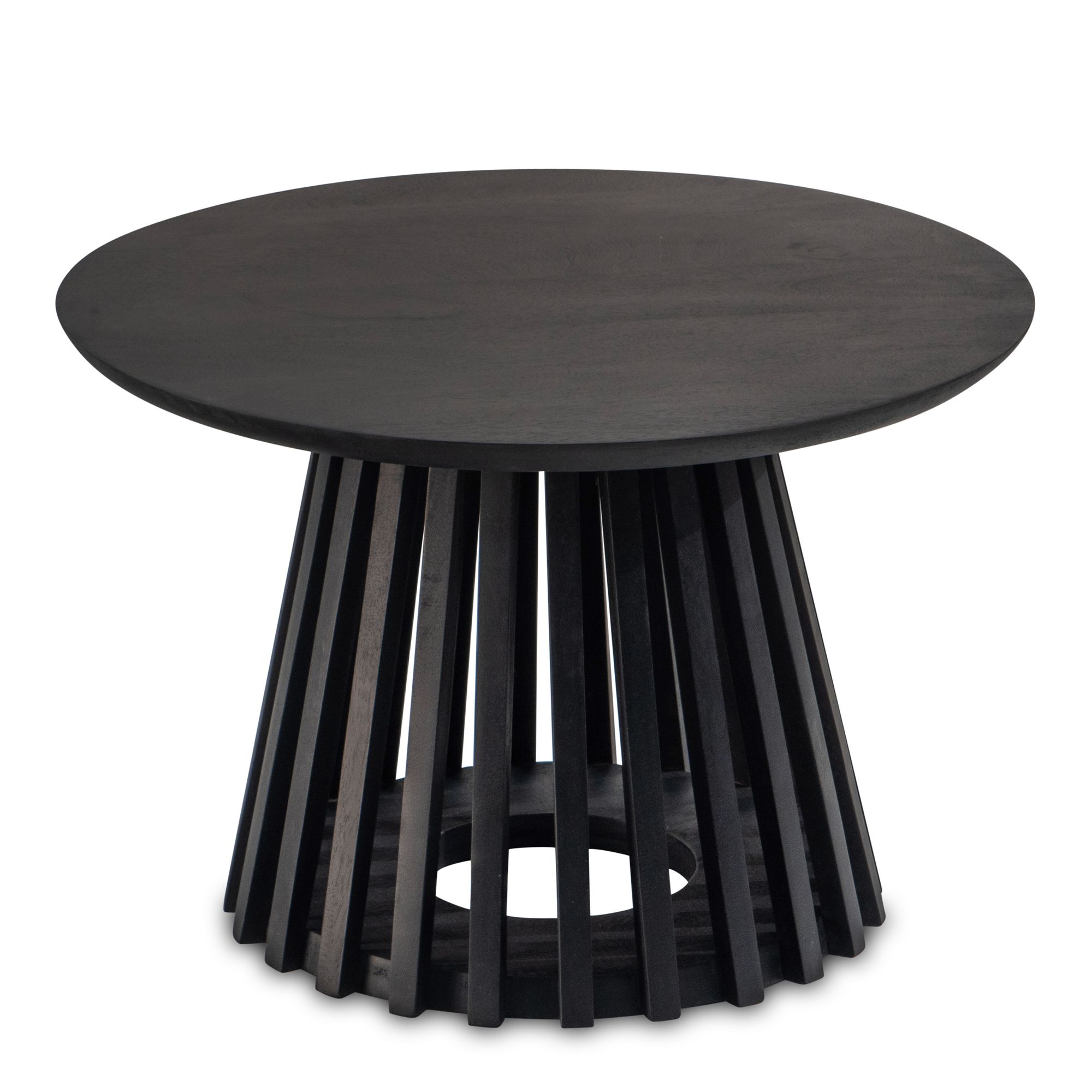 FineBuy Couchtisch Mango Massivholz rund Ø 60 cm Schwarz · Moderner Wohnzimmertisch mit offenem Gittergestell · Handgefertigter Sofatisch im Fächer Japandi Design aus Echtholz | Farbe: Schwarz