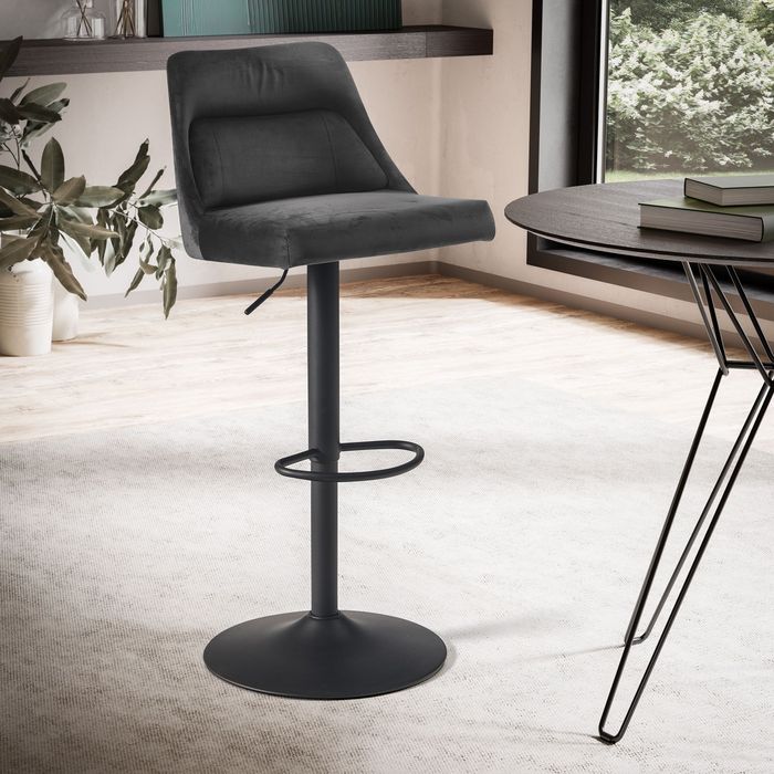 FineBuy Barhocker Samt Hocker mit Lehne 86 - 106 cm, Küchenhocker Höhenverstellbar Modern 100 kg, Design Barstuhl Tresenhocker mit Metall-Trompetenfuß, Bistrohocker Gepolstert