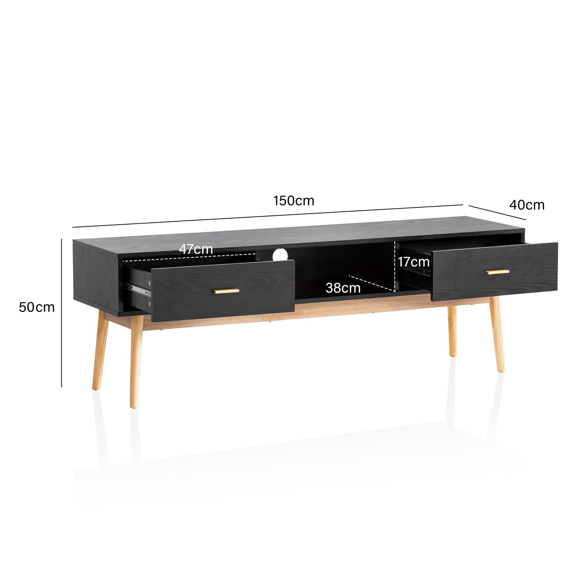 Lowboard FineBuy TV Schrank 150 cm Schwarz Schubladen Fernsehkommode Eiche – Ansicht 3