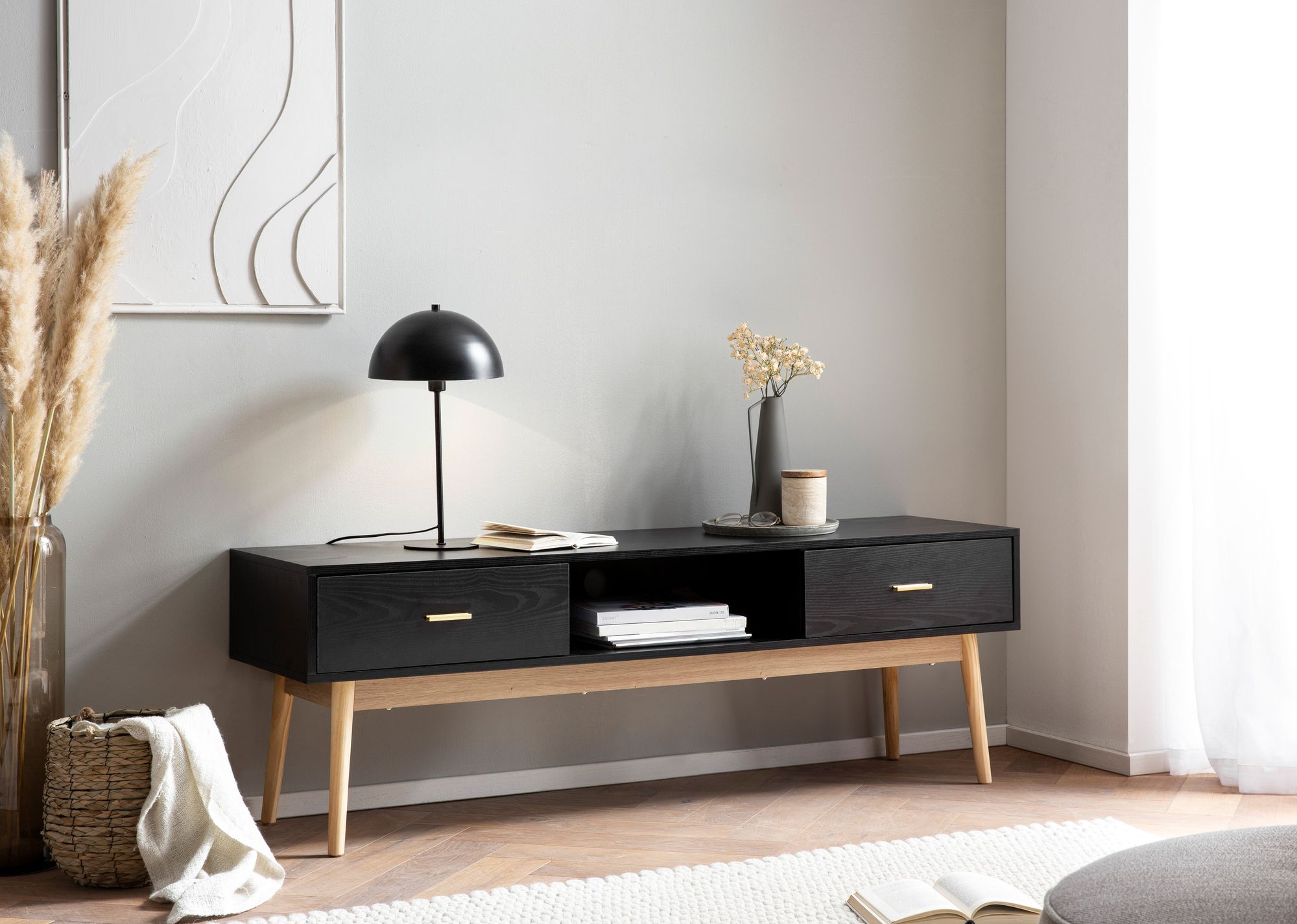 Lowboard FineBuy TV Schrank 150 cm Schwarz Schubladen Fernsehkommode Eiche – Ansicht 2