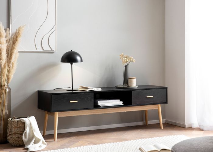 FineBuy Lowboard Schwarz mit Eiche-Dekor 150x50x40 cm TV-Kommode Modern, Design TV-Schrank Hoch, Fernsehtisch Fernsehschrank mit Schubladen & Ablagefach, Fernsehkommode Wohnzimmer