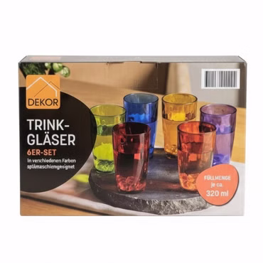 Dekor 6er Set Trinkgläser 320 ml Wassergläser Bunt Farbig Spülmaschinenfest Glas
