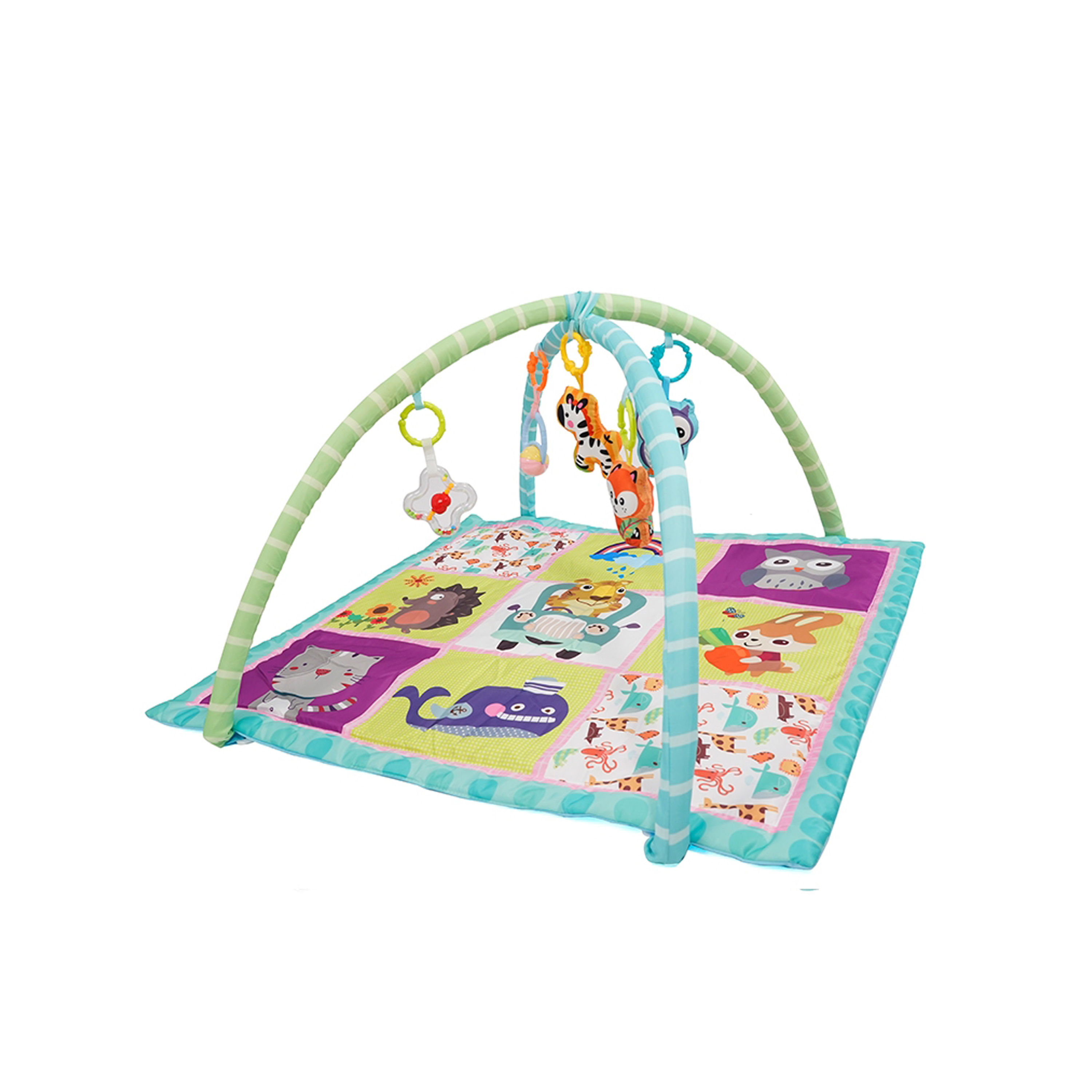 Krabbeldecke mit Spielbogen Tiere blau/grün