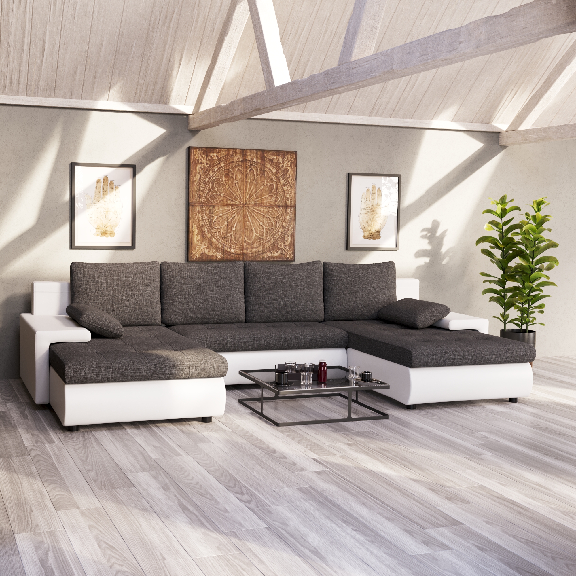 Sofa mit Schlaffunktion LANCONI U-Form schwarz/weiss