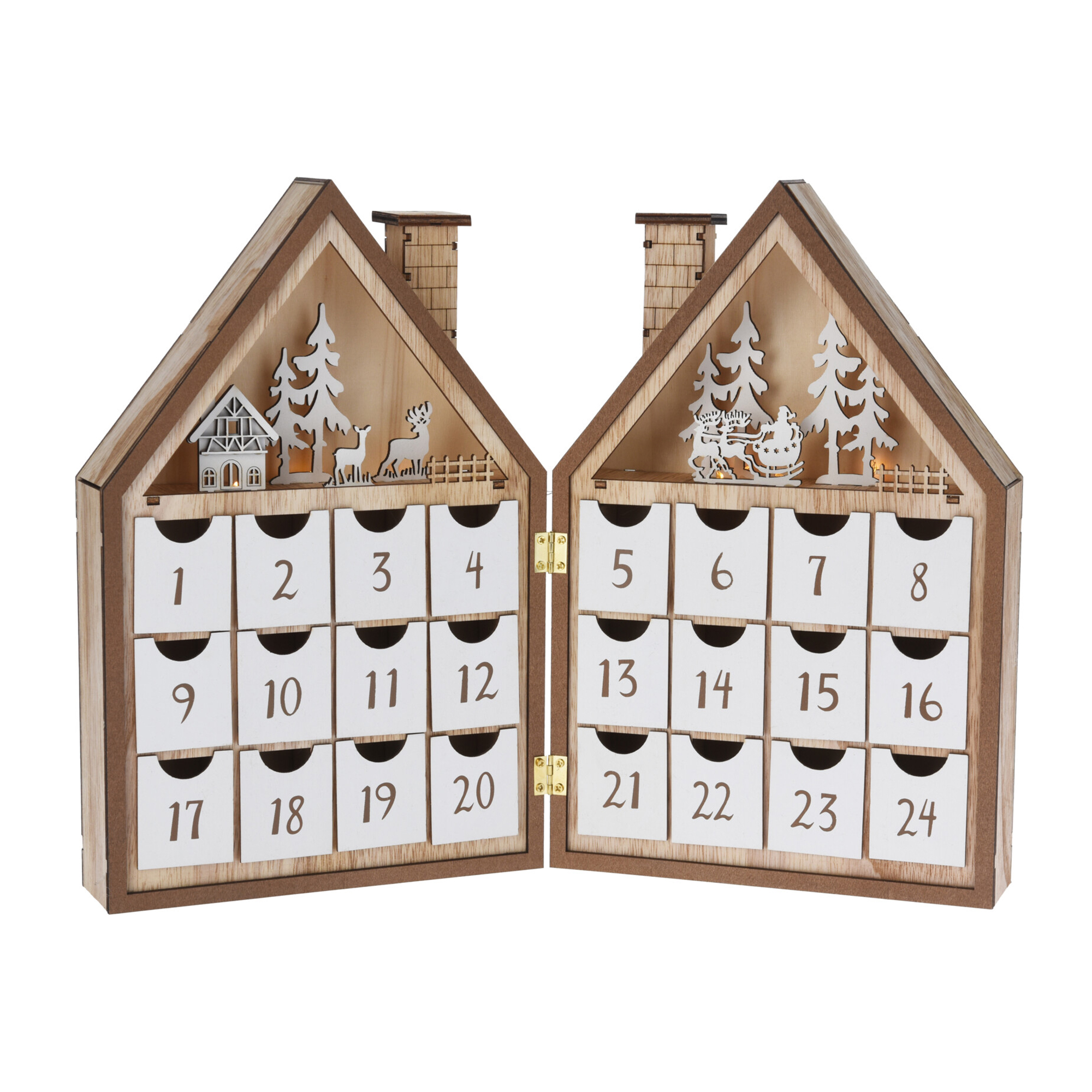 LED Adventskalender Holzhaus braun/weiss