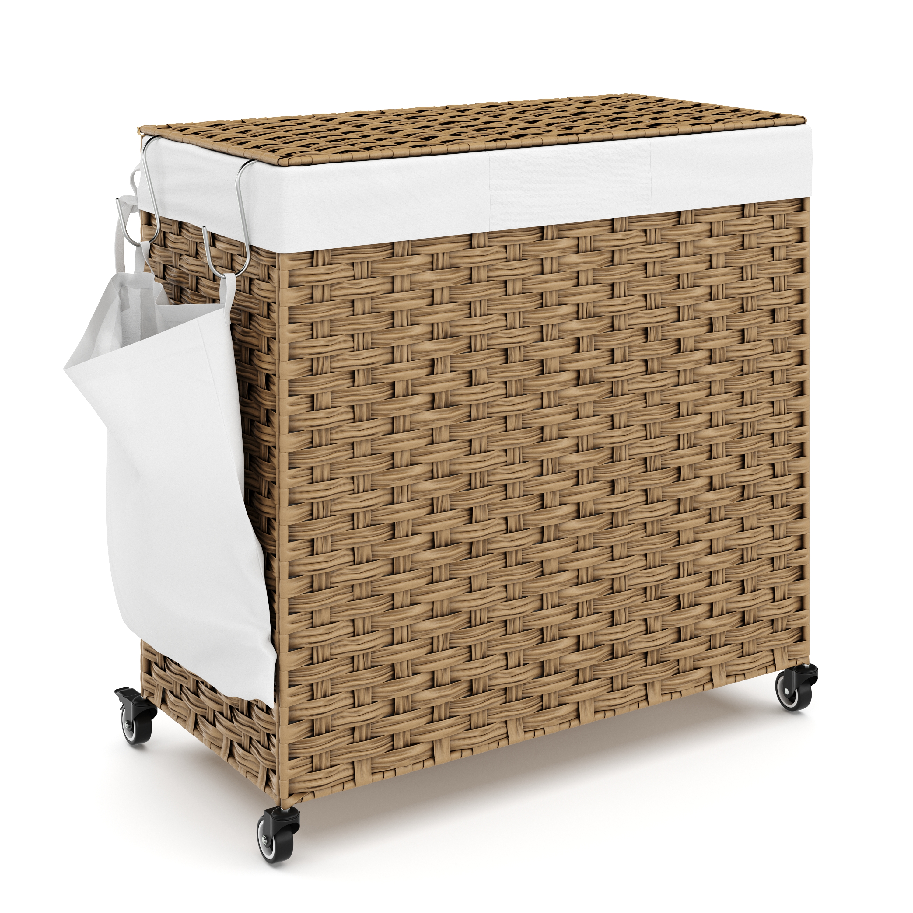 Wäschekorb Rattan mit Deckel 3 Fächer 129L braun