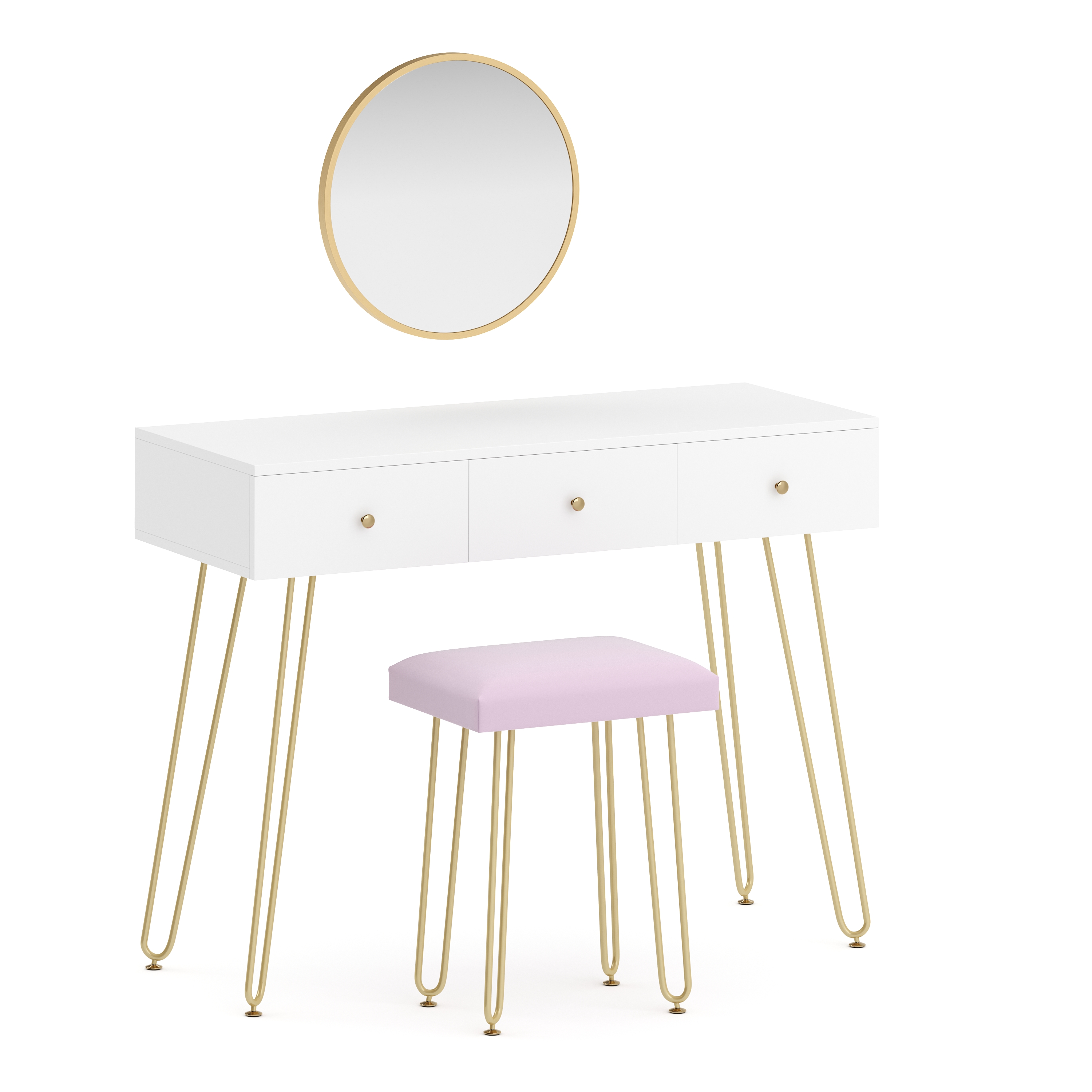 Schminktisch mit Hocker und Spiegel APHRODITE 100 x 40 cm weiss/gold/rosa