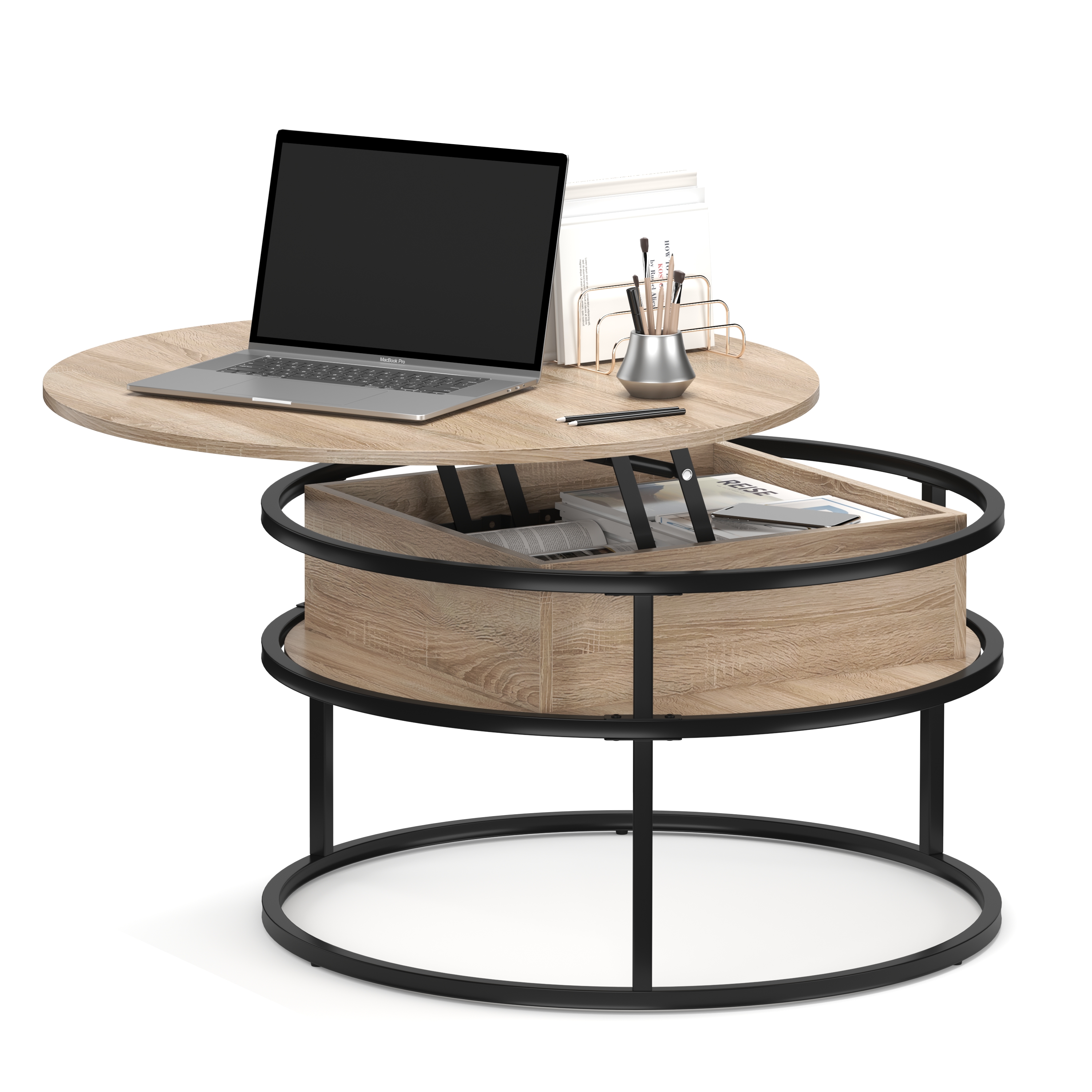 Beistelltisch FLEXORA rund mit Stauraum 80 x 47 - 62 cm braun
