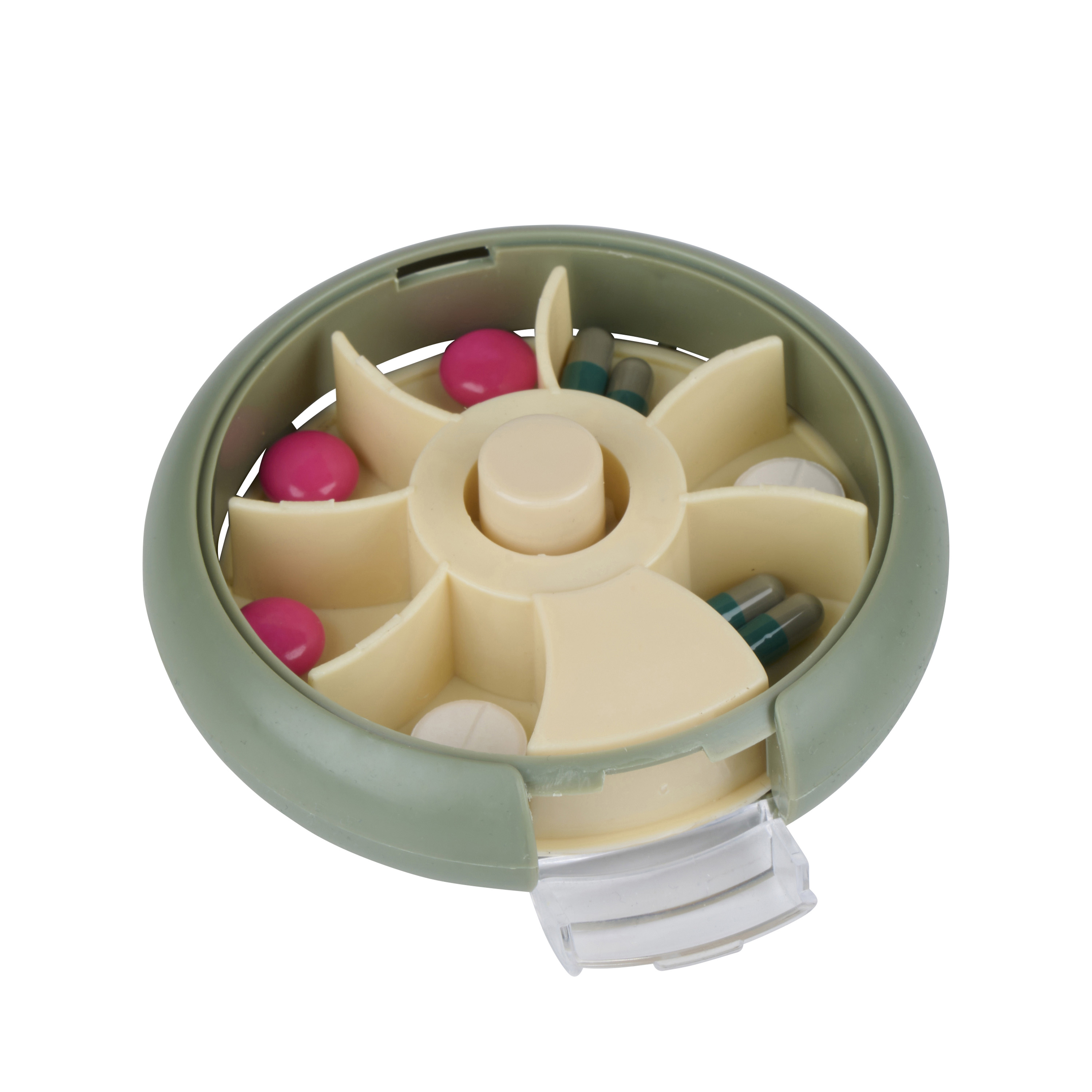 Tablettenbox rund 7 Tage 10 cm grün/beige