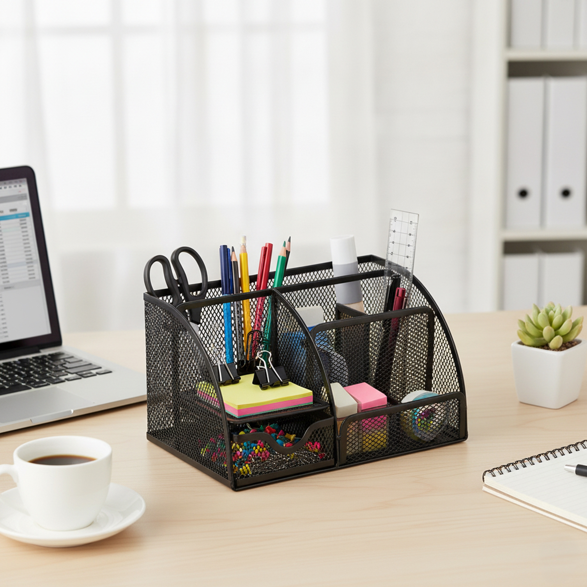 Schreibtisch Organizer Metall 6 Fächer 1 Schublade schwarz