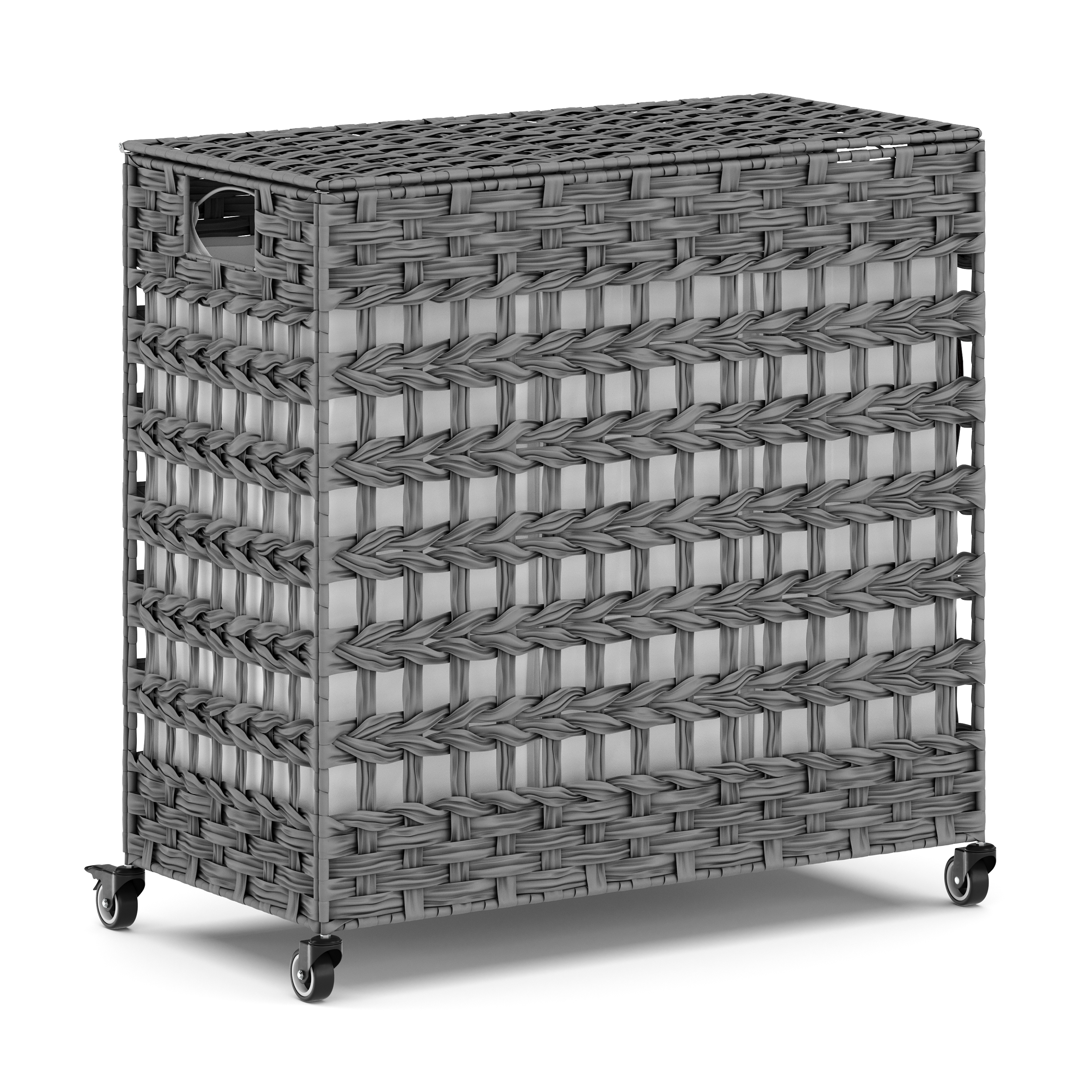 Wäschekorb Rattan mit Deckel 3 Fächer 140L grau