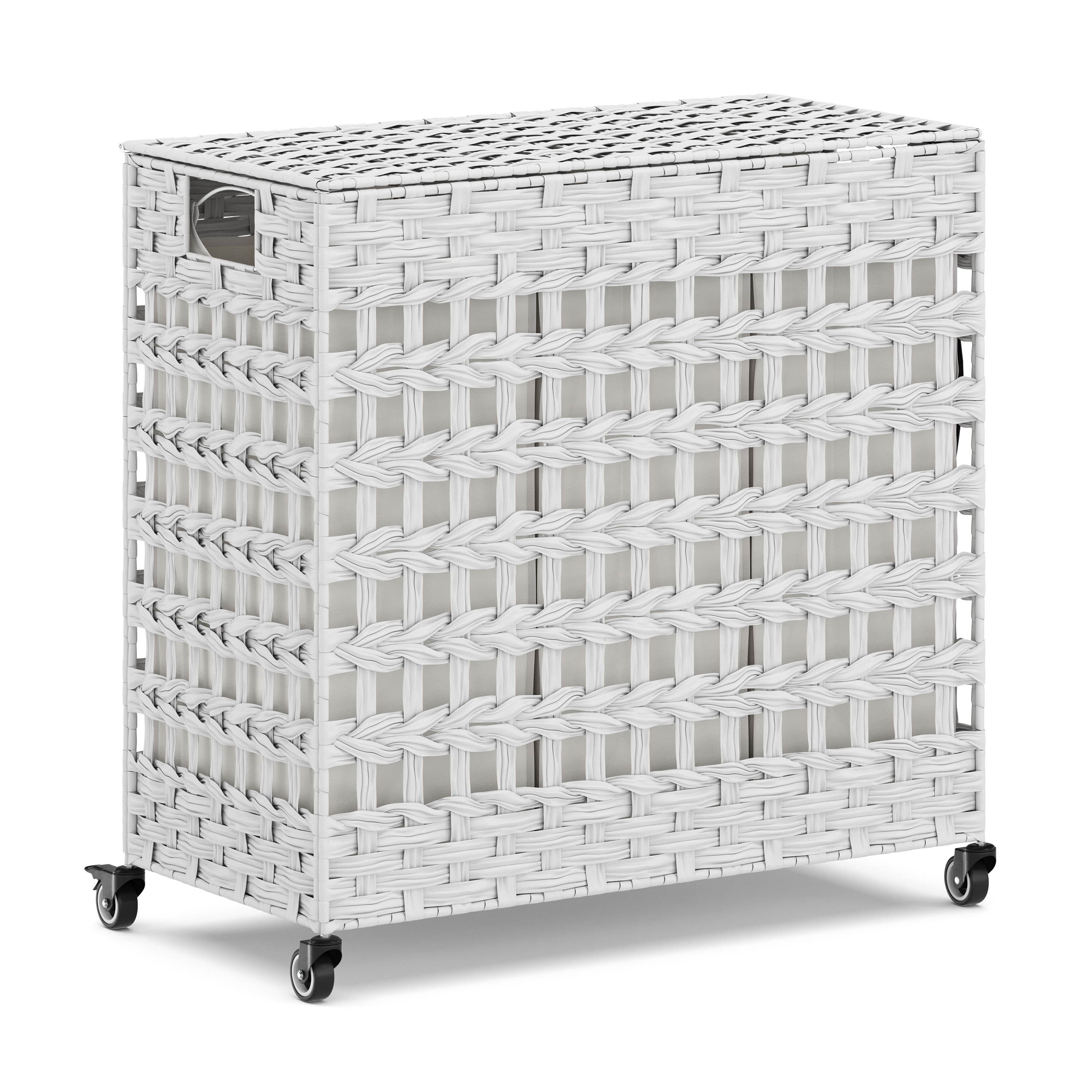 Wäschekorb Rattan mit Deckel 3 Fächer 140L weiss
