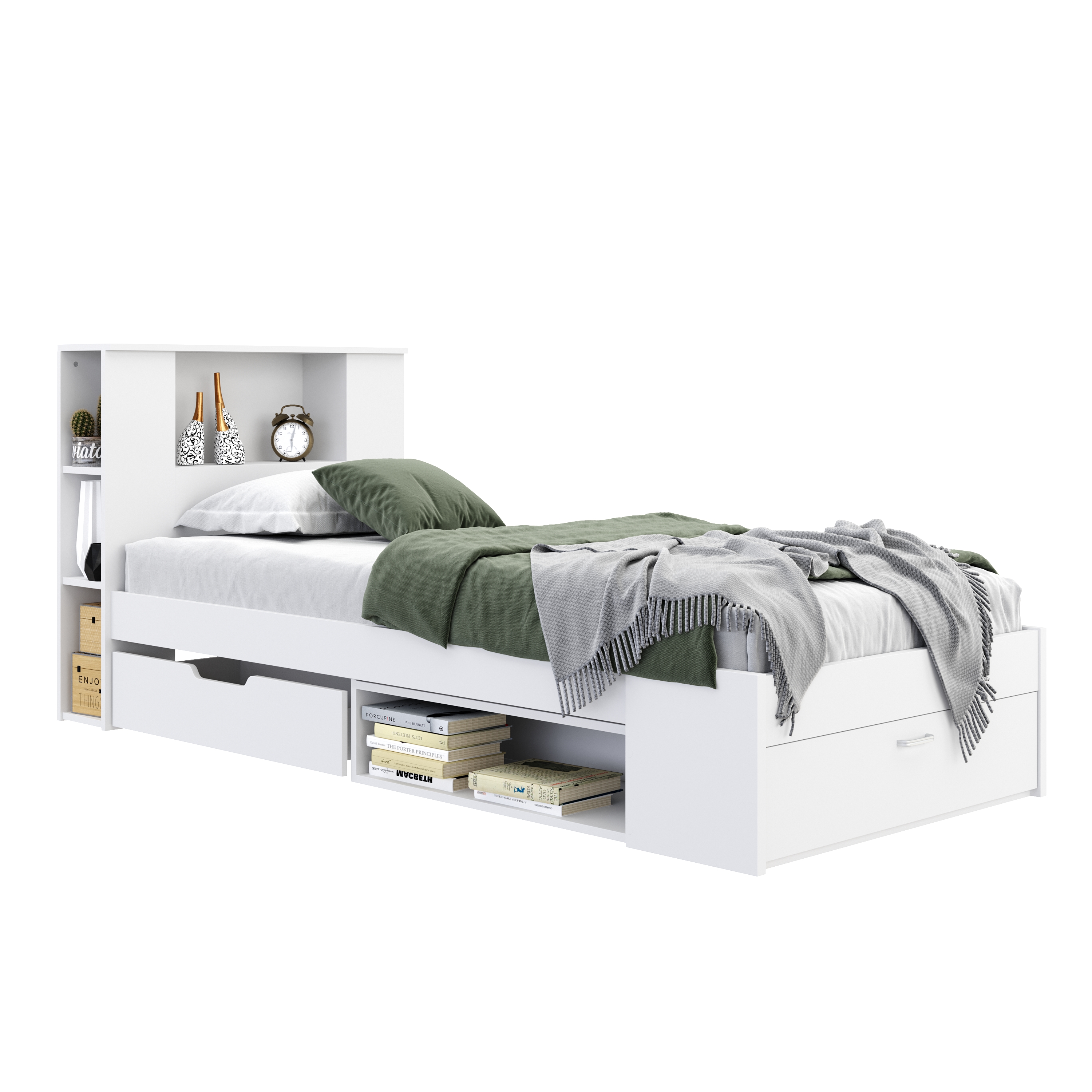 Bett Holz MADELYN mit Stauraum und Schublade 90 x 200 cm weiss