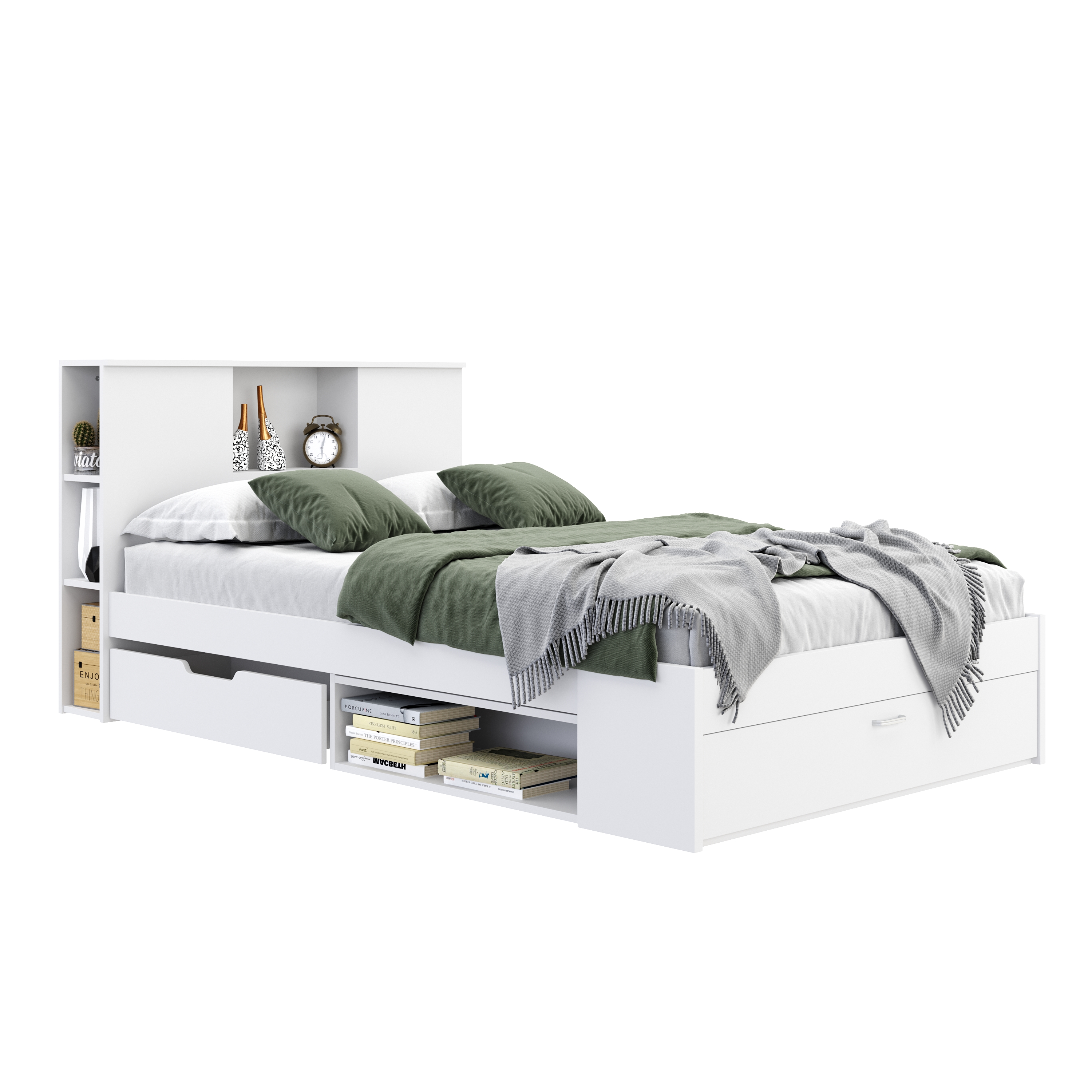 Bett Holz MADELYN mit Stauraum und Schublade 120 x 200 cm weiss