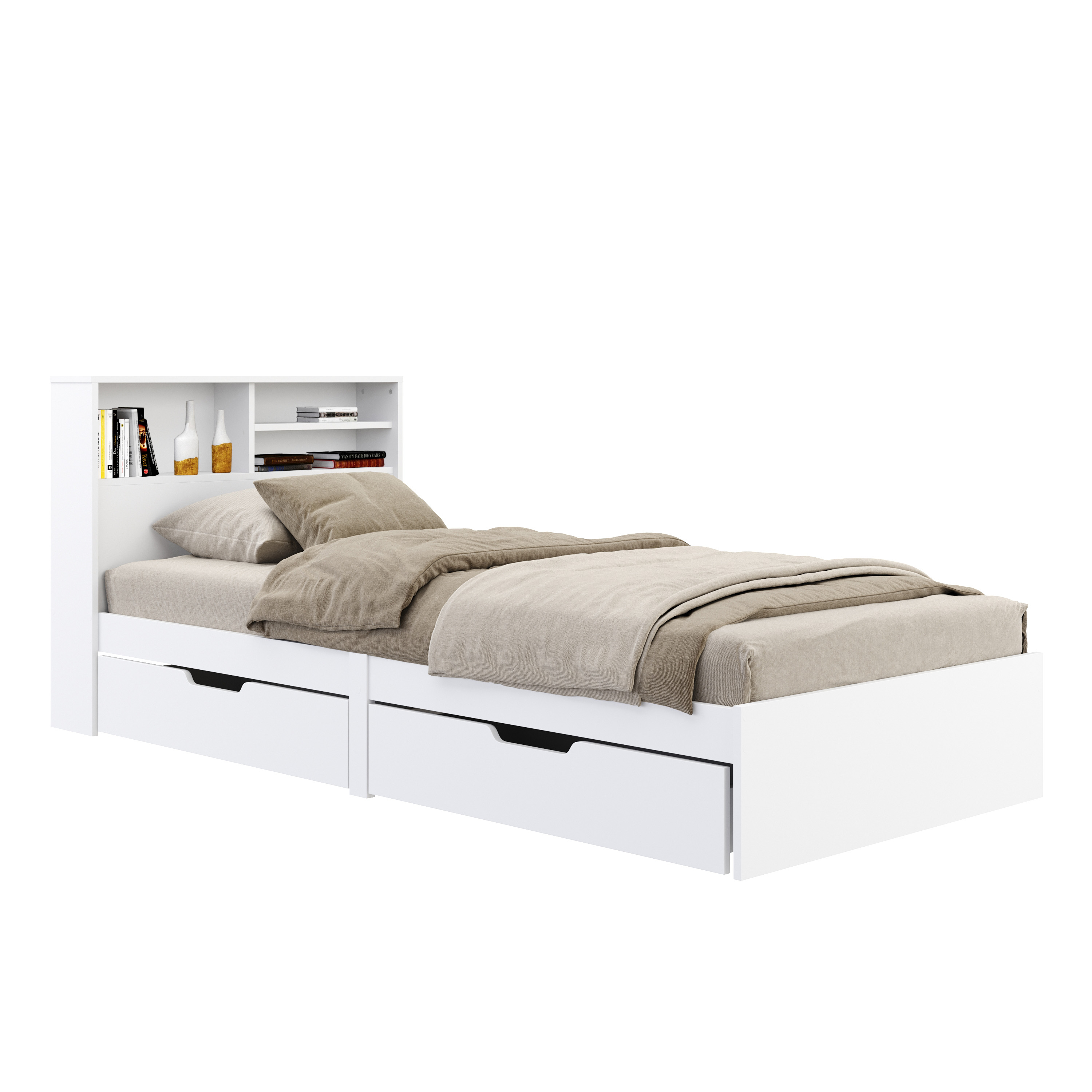 Bett Holz GENESIS mit Stauraum und Schubladen 90 x 200 cm weiss