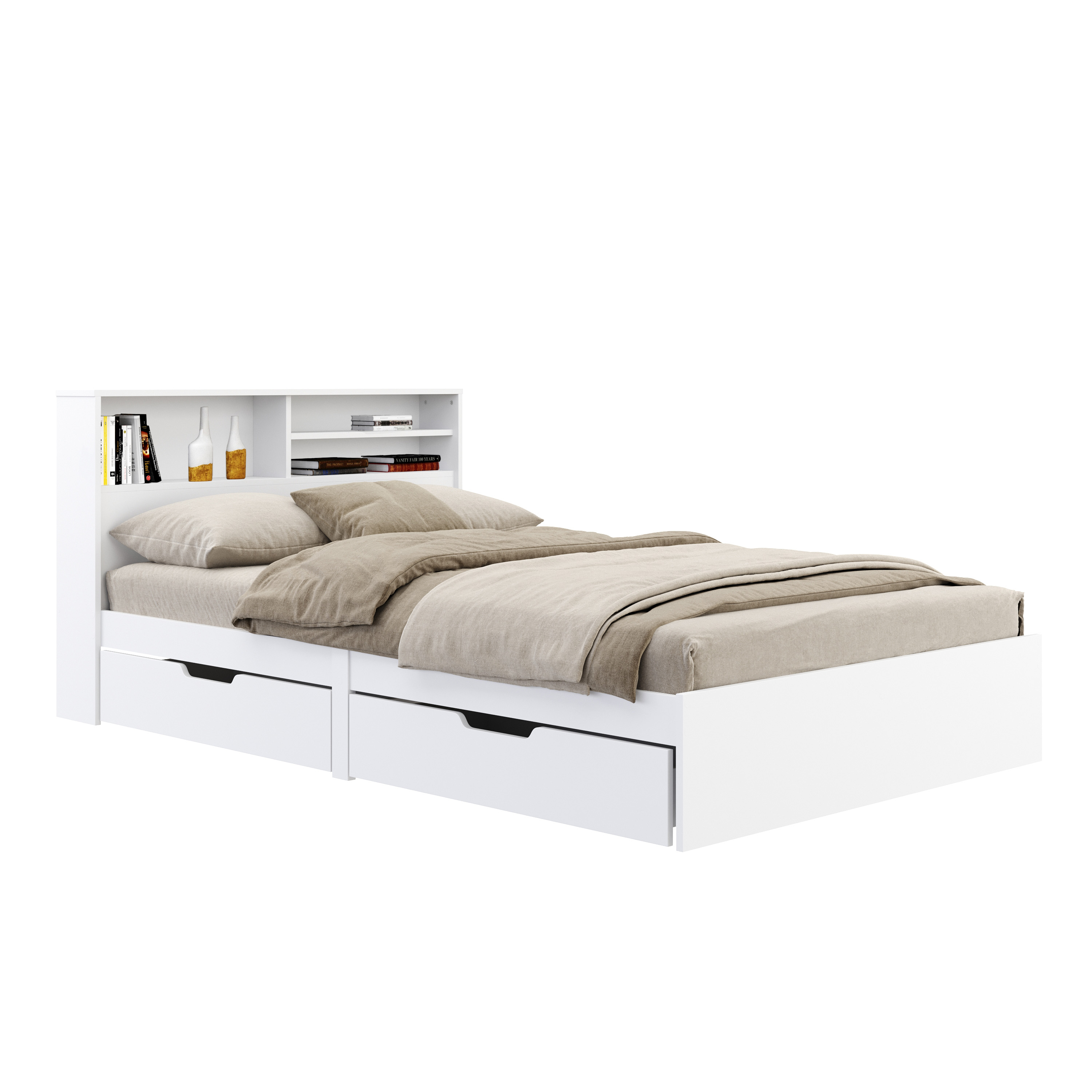 Bett Holz GENESIS mit Stauraum und Schubladen 120 x 200 cm weiss