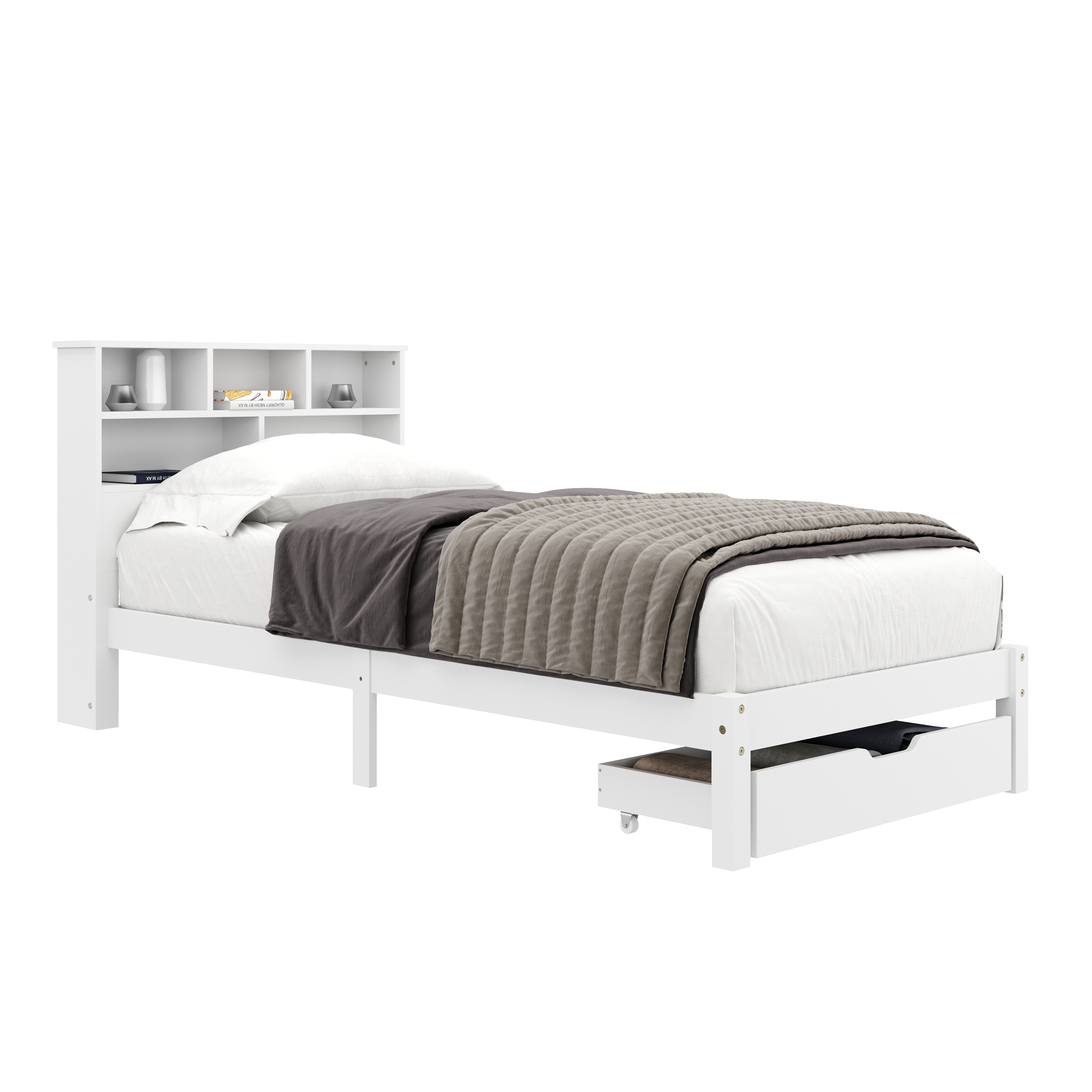 Bett Holz HALIFAX mit Stauraum und Schublade 90 x 200 cm weiss