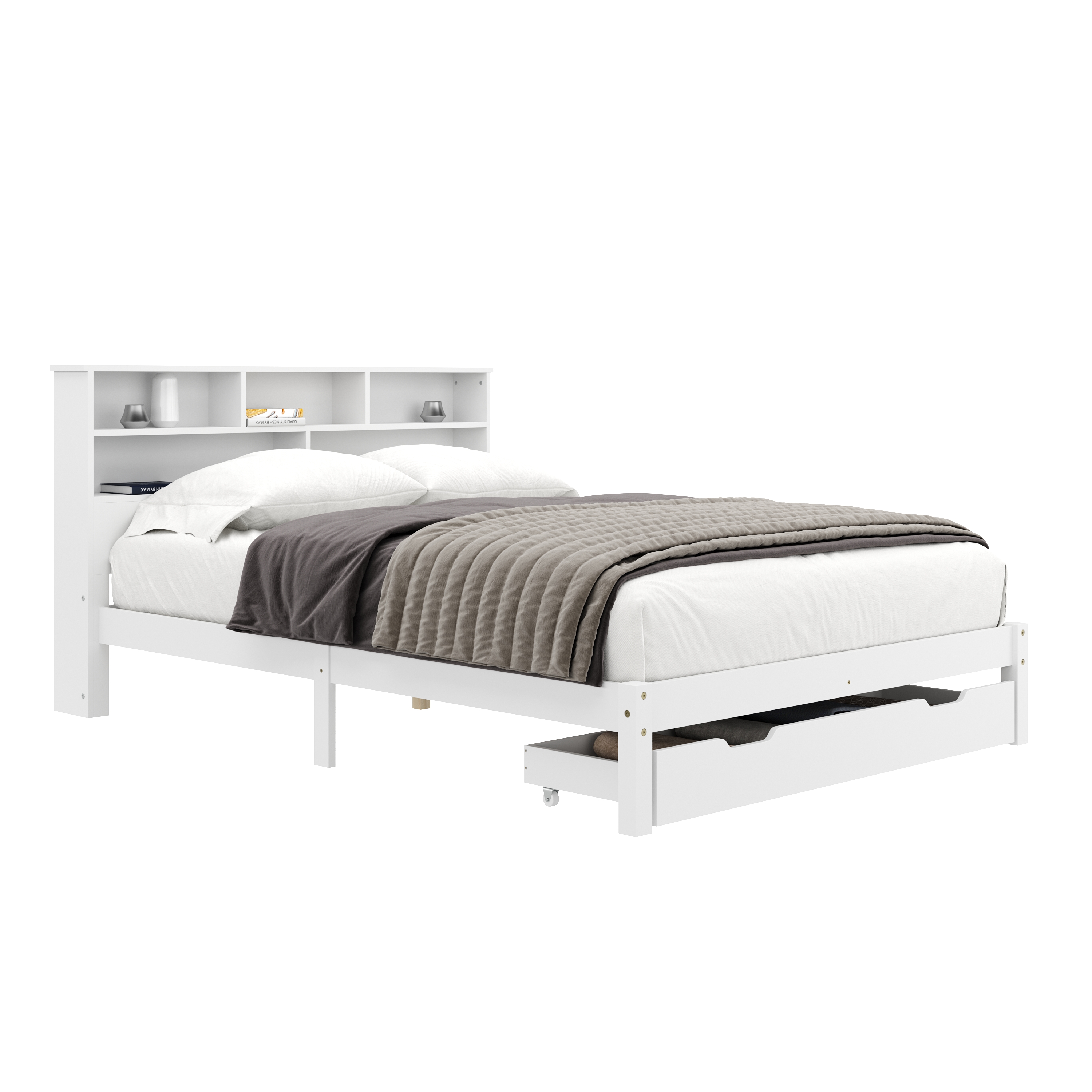 Bett Holz HALIFAX mit Stauraum und Schublade 140 x 200 cm weiss