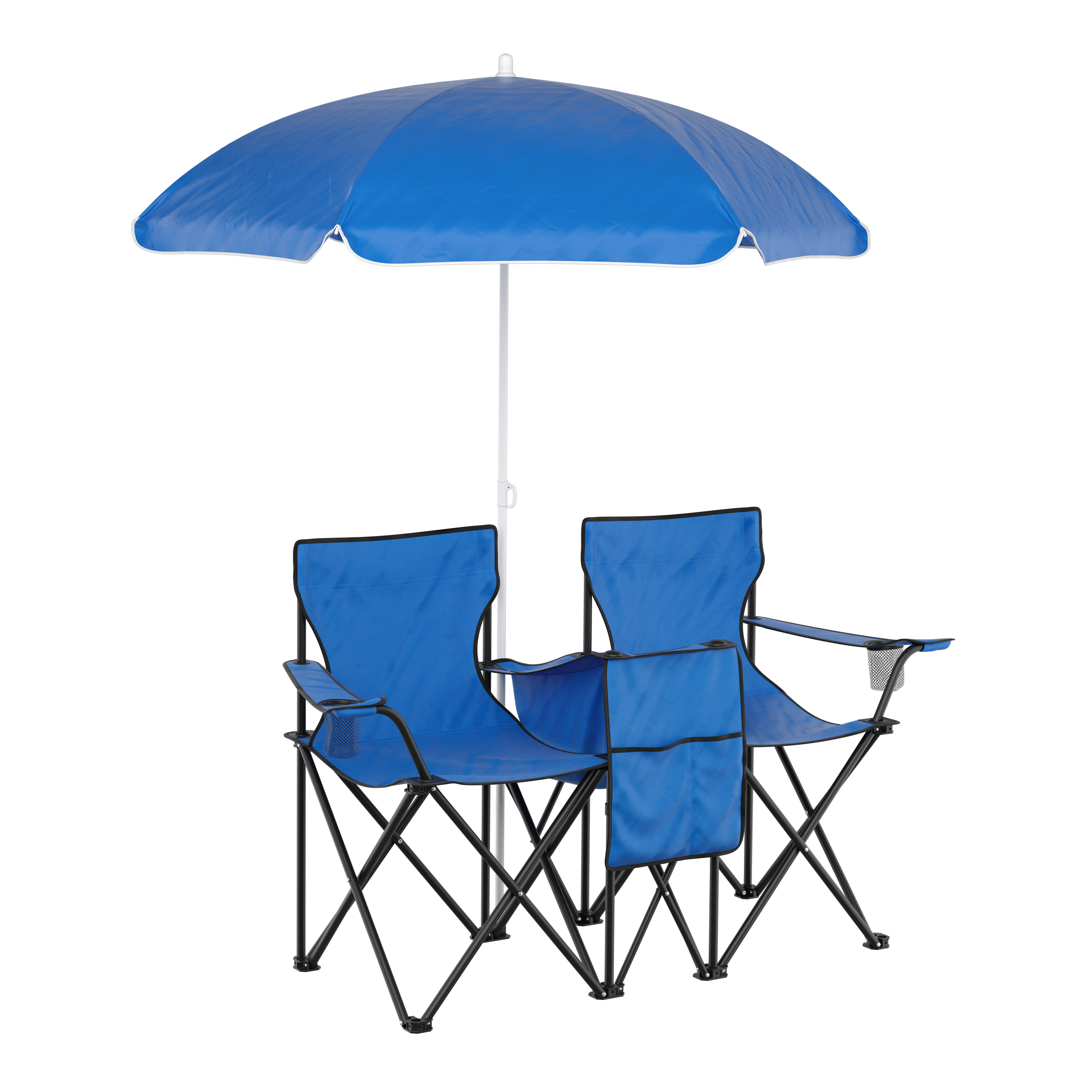 Campingstuhl faltbar 2er Set mit Sonnenschirm und Kühlfach blau