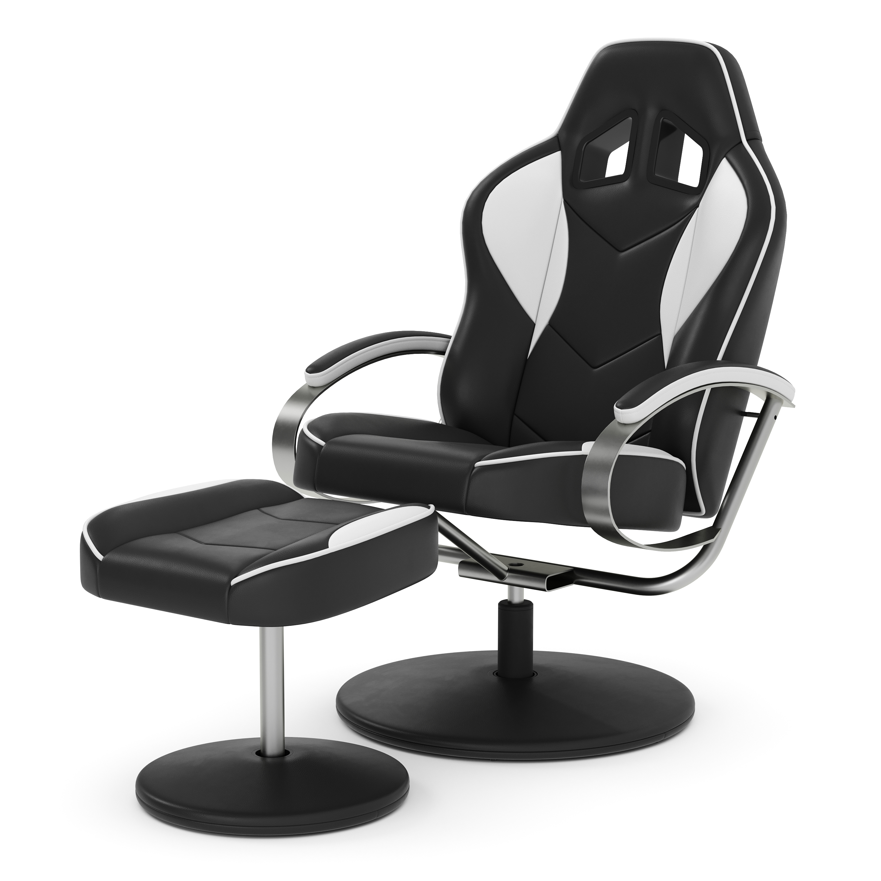 Fernsehsessel Leder mit Fusshocker weiss/schwarz